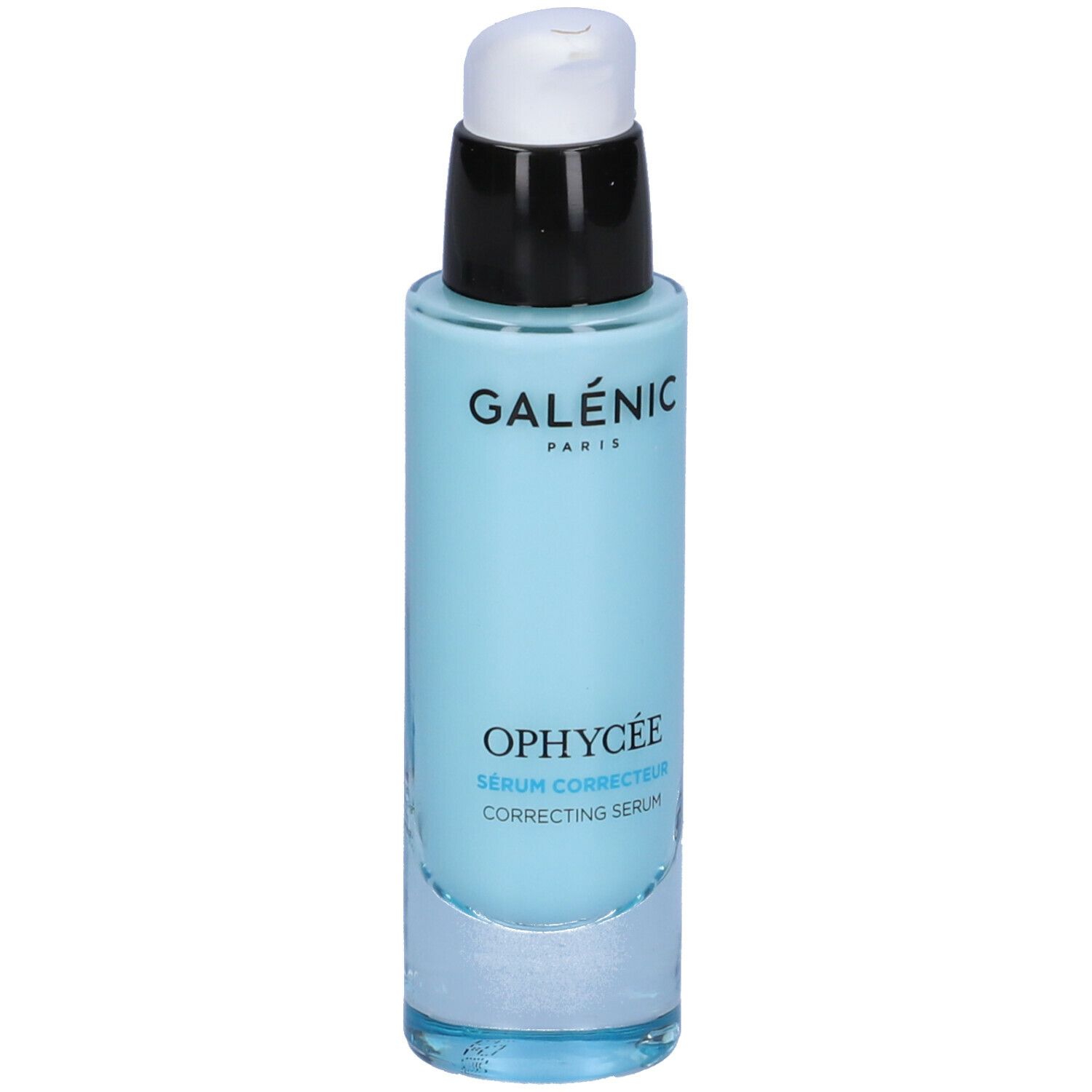 Sérum bleu clair avec pompe noire et blanche. Inscription: GALÉNIC PARIS, OPHYCÉE, Sérum Correcteur.