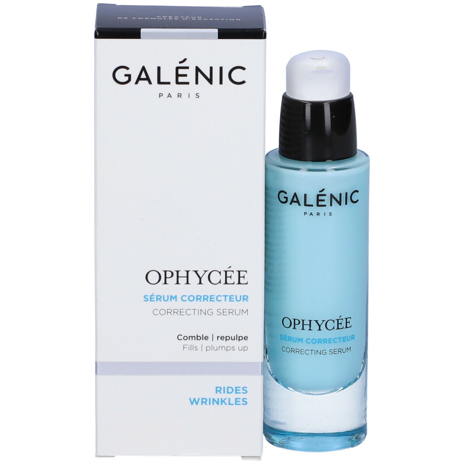 Sérum bleu clair avec pompe noire et blanche et emballage. Inscription: GALÉNIC PARIS, OPHYCÉE, Sérum Correcteur.