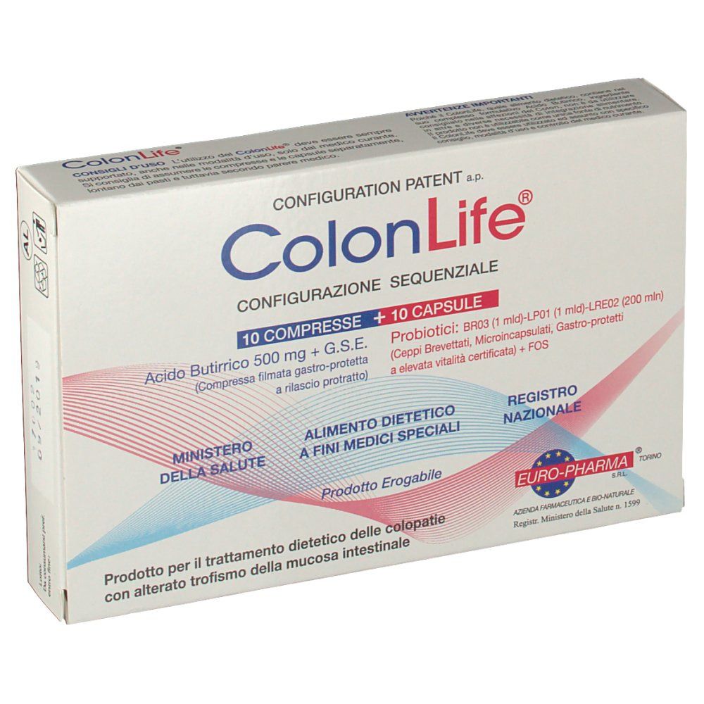 Scatola bianca con logo "ColonLife" e informazioni sul prodotto. Contiene 10 compresse e 10 capsule. Ministero della Salute.