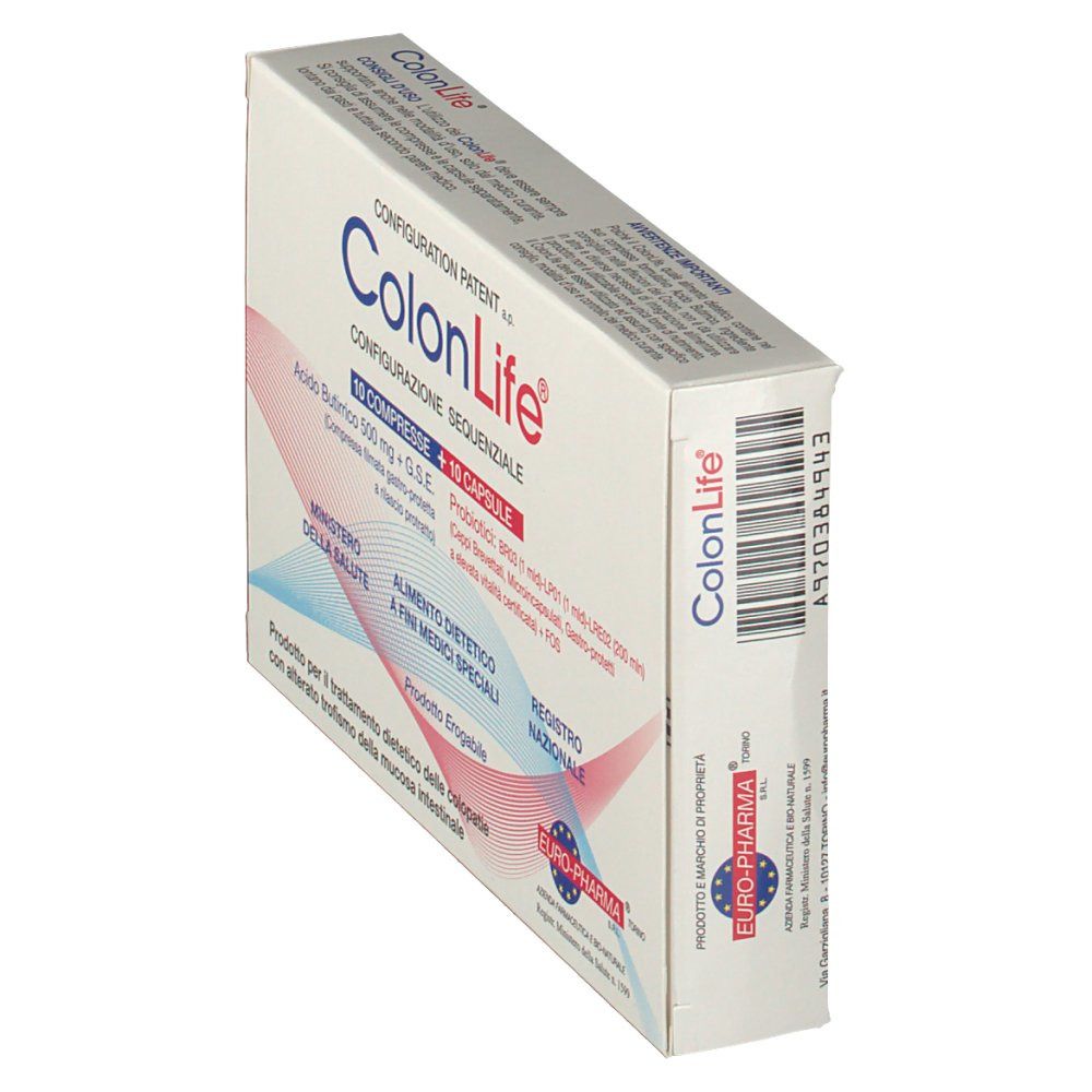 Scatola "ColonLife" in prospettiva. Logo e informazioni sul prodotto visibili. Contiene 10 compresse e 10 capsule.