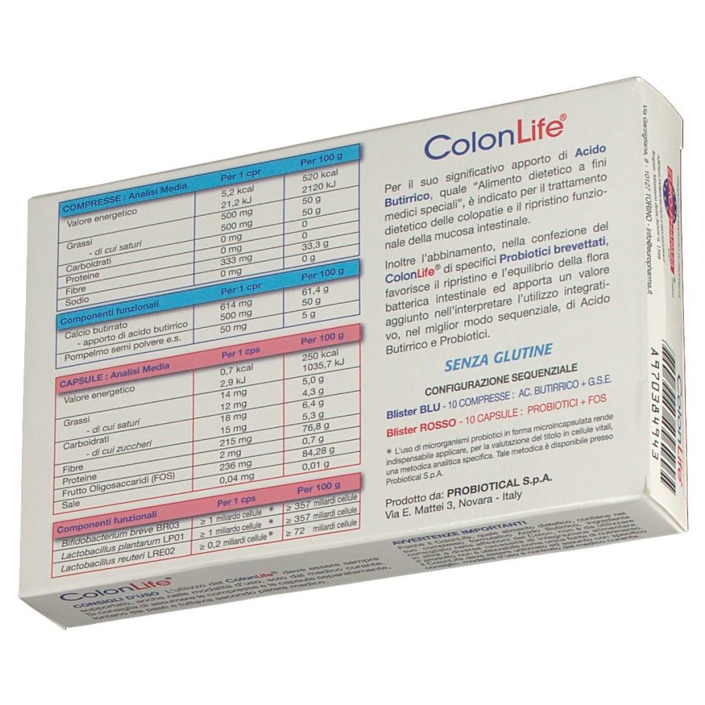 Retro della scatola "ColonLife" con informazioni nutrizionali e sul prodotto. Testo in italiano.