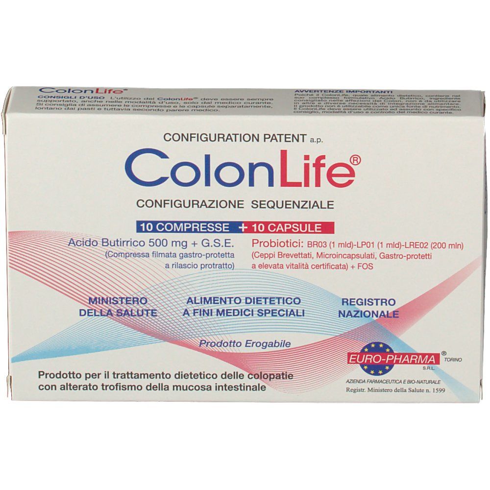 Scatola bianca con logo "ColonLife" e informazioni sul prodotto. Contiene 10 compresse e 10 capsule. Ministero della Salute.