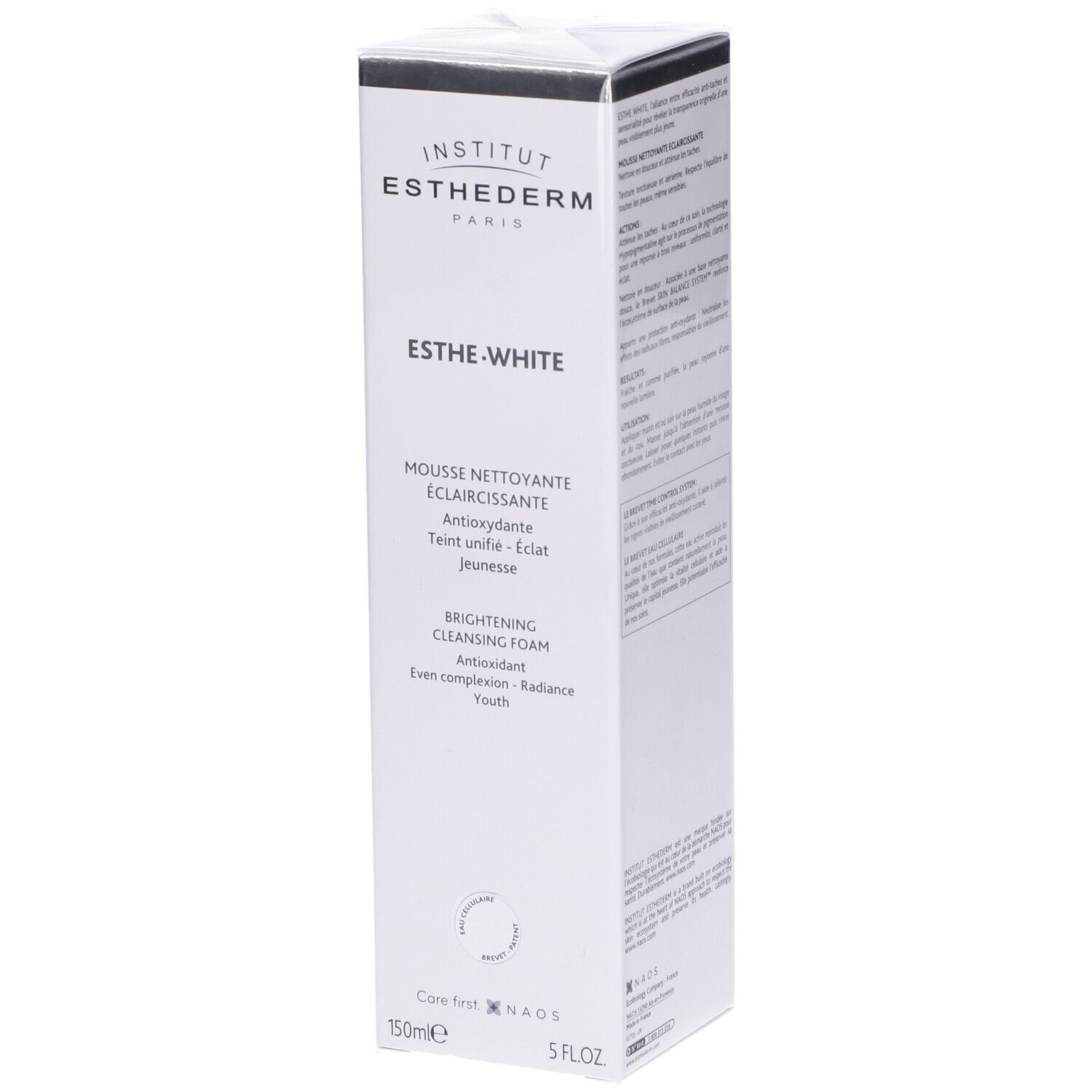 Scatola bianca con informazioni sul prodotto. Scritta: Institut Esthederm, Esthe-White, Mousse Nettoyante Éclaircissante.