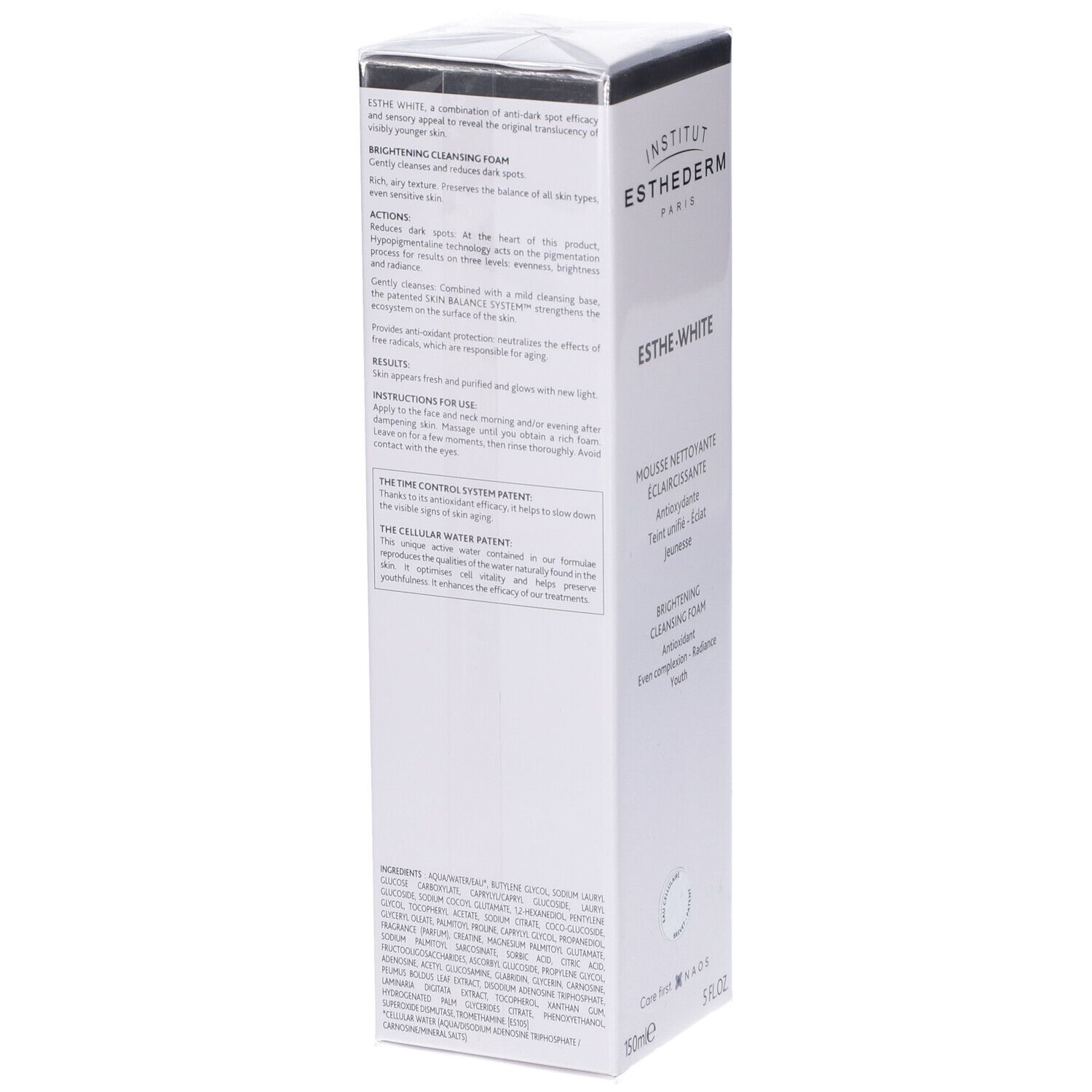Scatola bianca con testo. Informazioni sul prodotto e ingredienti. Scritta: Institut Esthederm, Esthe-White, Mousse Nettoyante Éclaircissante.
