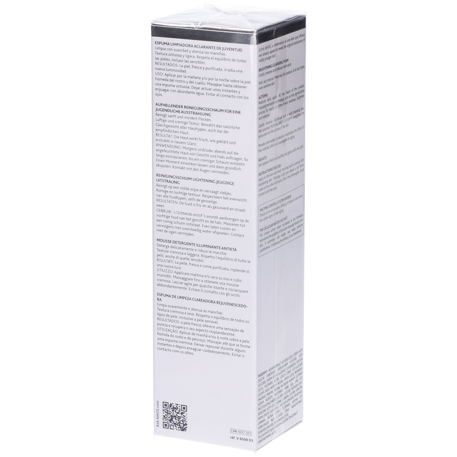 Scatola bianca con testo. Informazioni sul prodotto e ingredienti. Scritta: Institut Esthederm, Esthe-White, Mousse Nettoyante Éclaircissante.