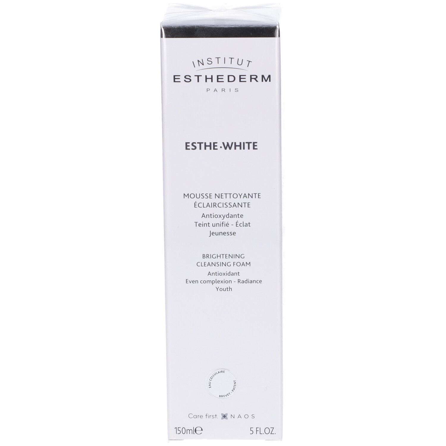 Scatola bianca con informazioni sul prodotto. Scritta: Institut Esthederm, Esthe-White, Mousse Nettoyante Éclaircissante.