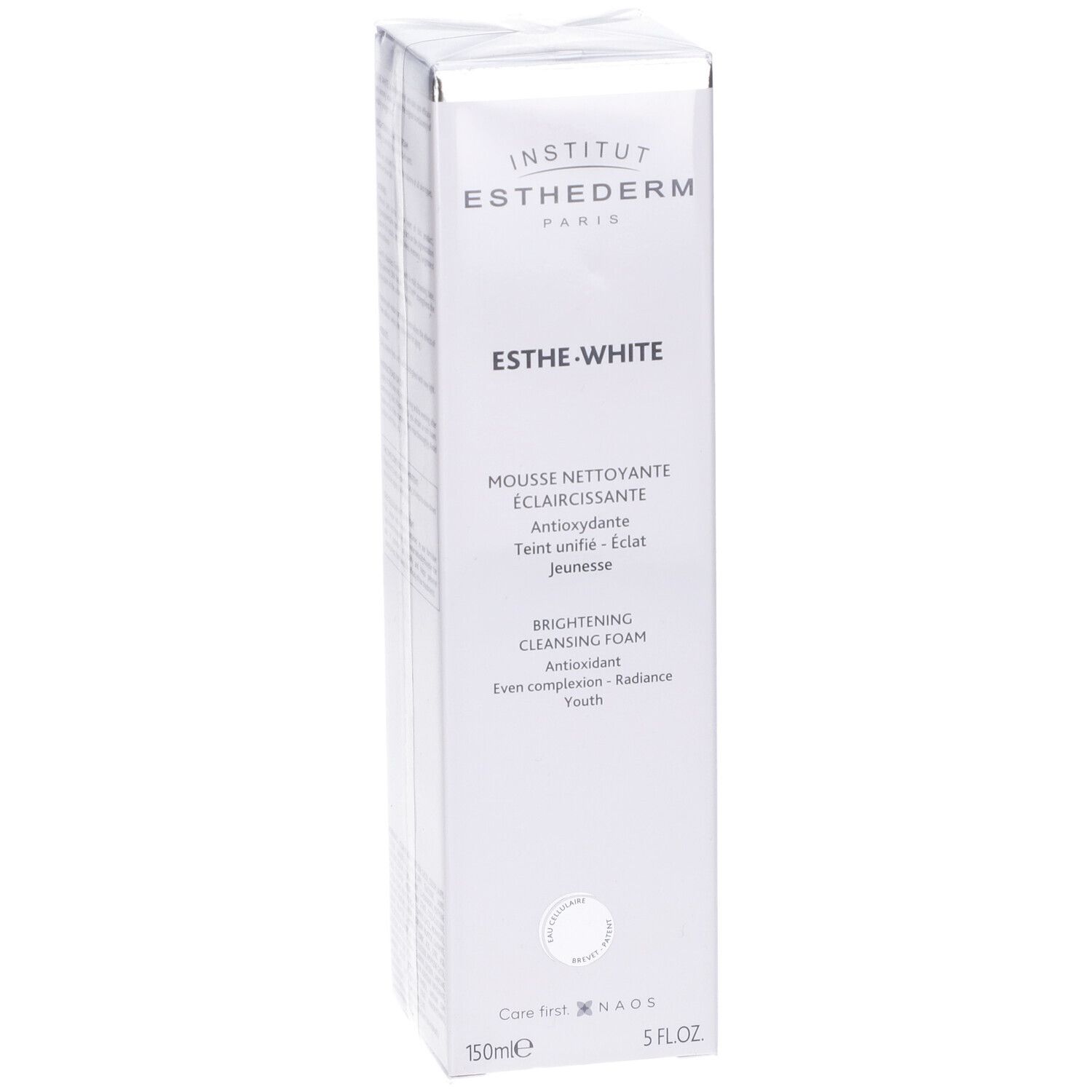 Scatola bianca con informazioni sul prodotto. Scritta: Institut Esthederm, Esthe-White, Mousse Nettoyante Éclaircissante.