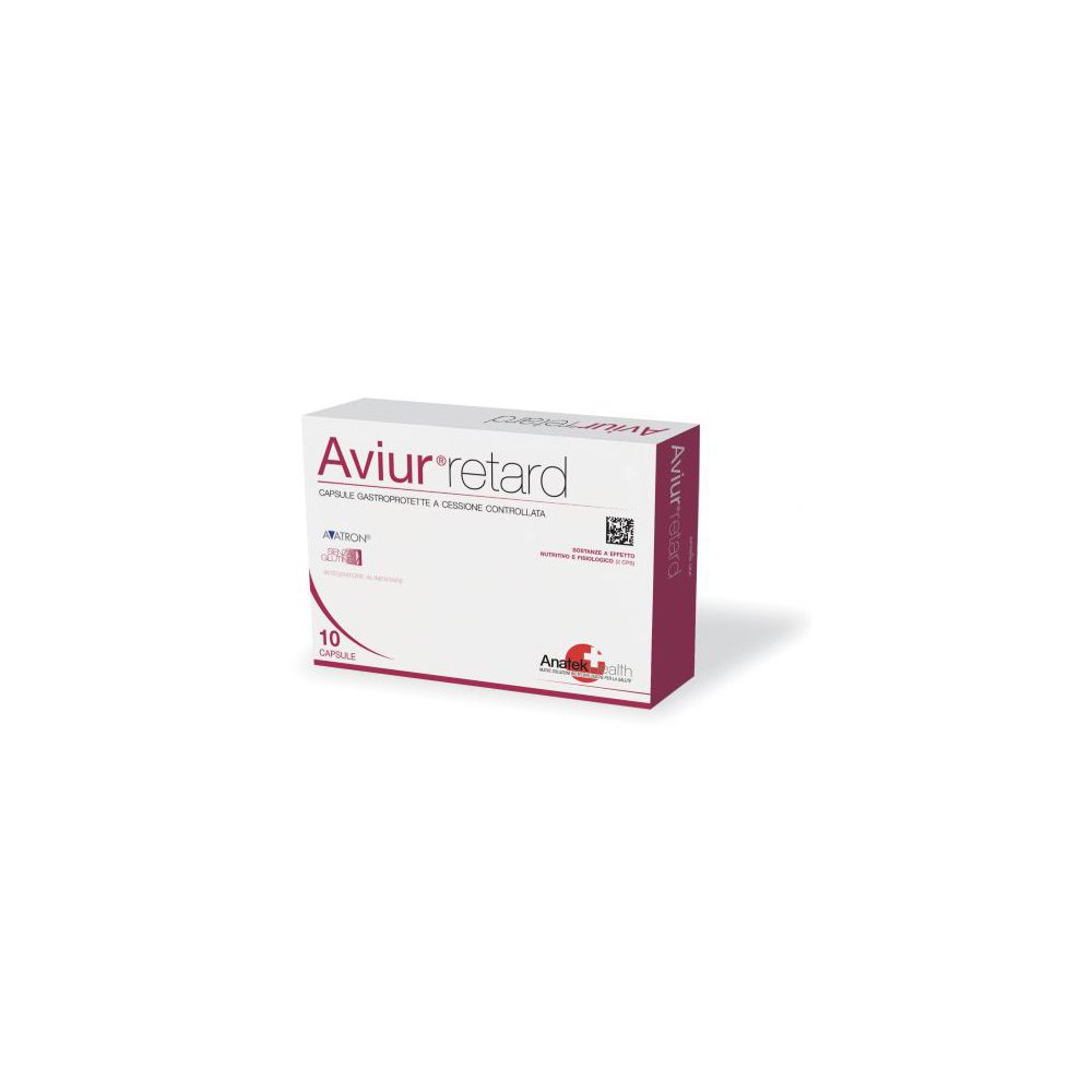 Scatola bianca con testo rosso. Scritto: Aviur retard, 10 capsule. Marchio: Anatron.