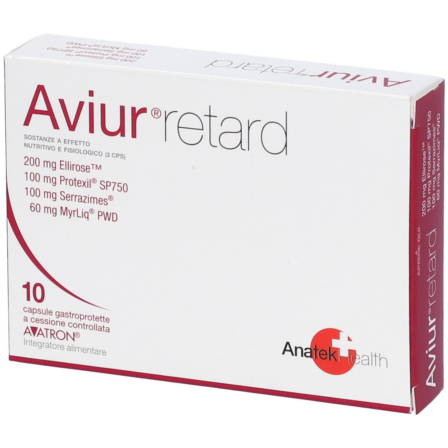 Scatola bianca con testo rosso. Scritto: Aviur retard, 10 capsule. Ingredienti. Marchio: Anatek health.