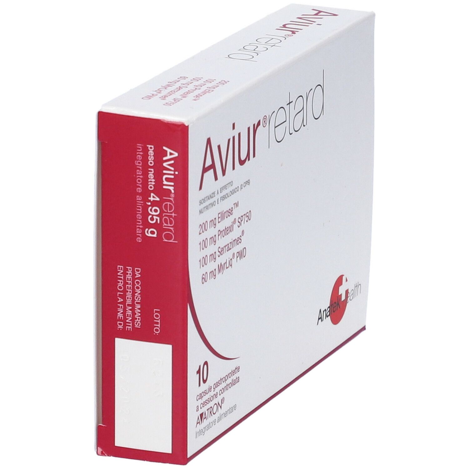 Scatola bianca con testo rosso. Scritto: Aviur retard, 10 capsule. Ingredienti. Marchio: Anatek health.