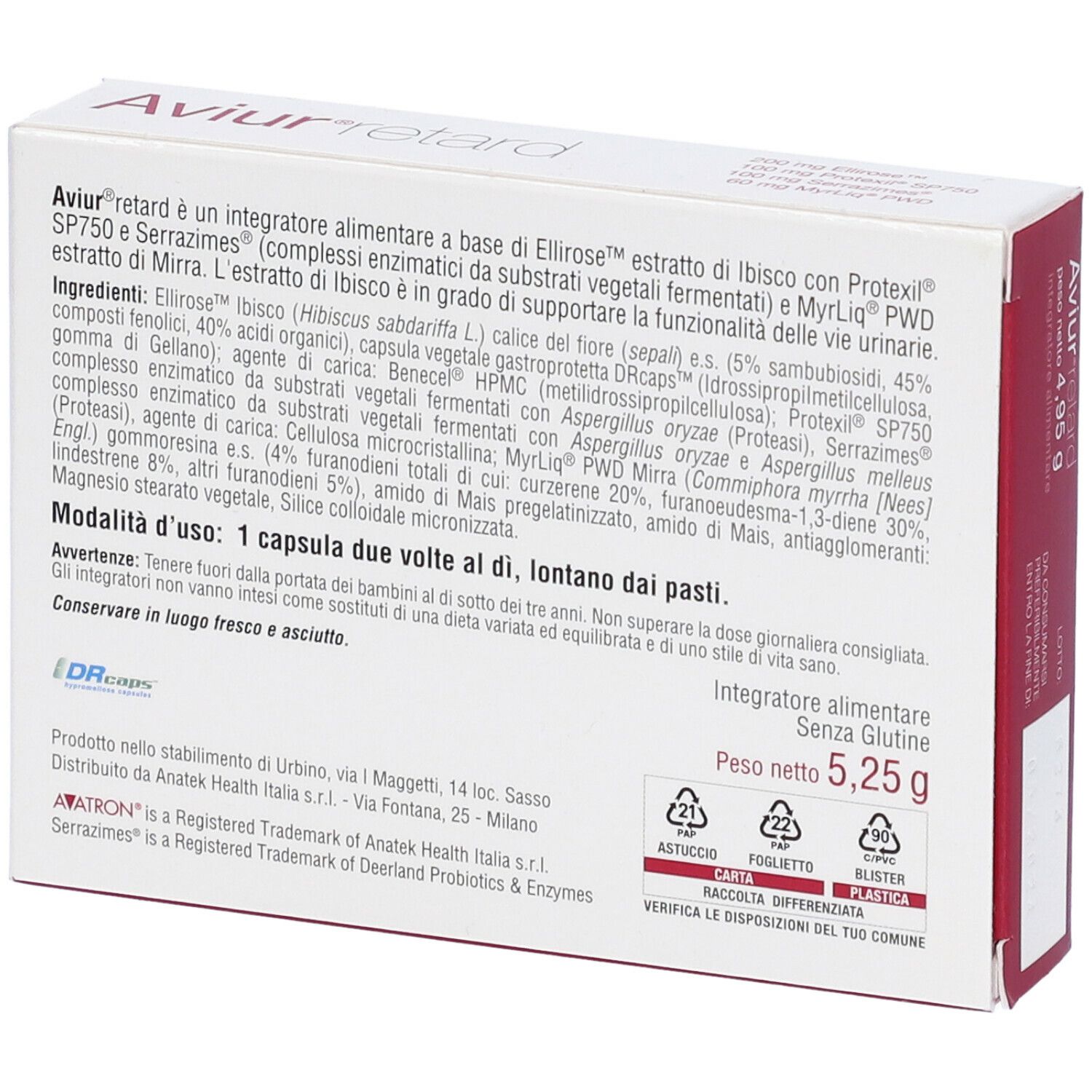 Retro della scatola. Testo: ingredienti, istruzioni per l'uso, peso 5,25 g. Marchio: Anatek Health.
