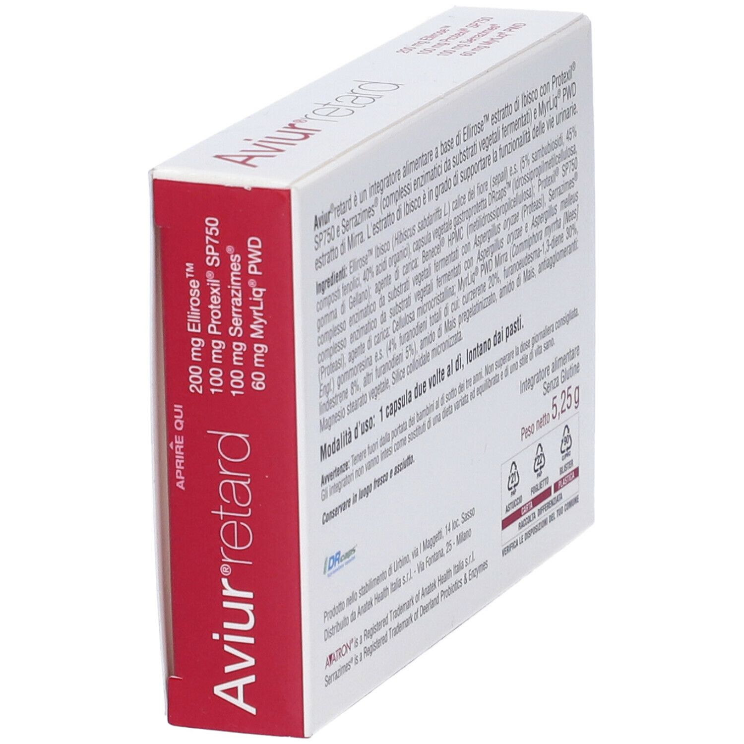 Scatola con testo rosso. Scritto: Aviur retard, ingredienti. Peso 5,25 g. Marchio: Anatek Health.