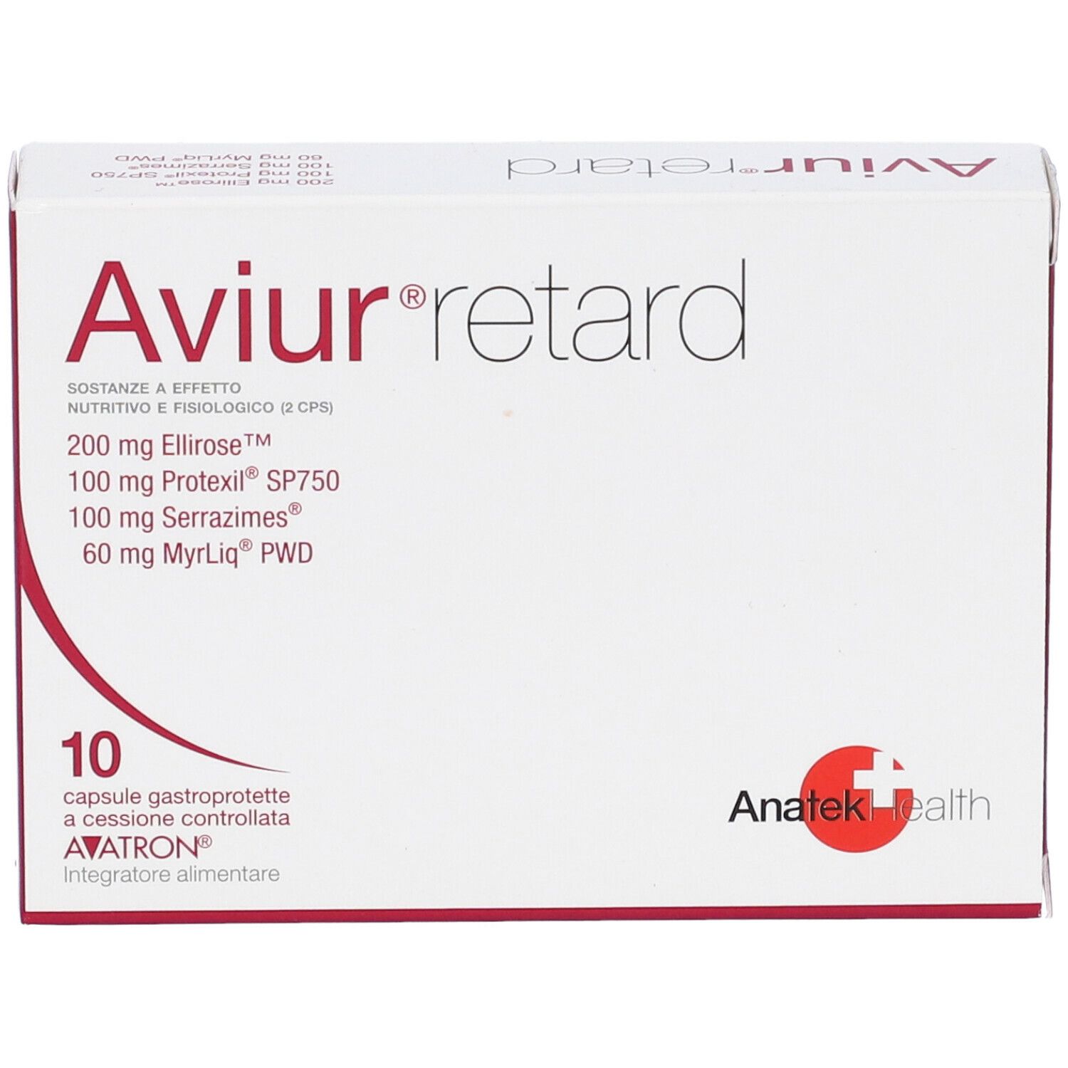 Scatola bianca con testo rosso. Scritto: Aviur retard, 10 capsule. Ingredienti. Marchio: Anatek health.