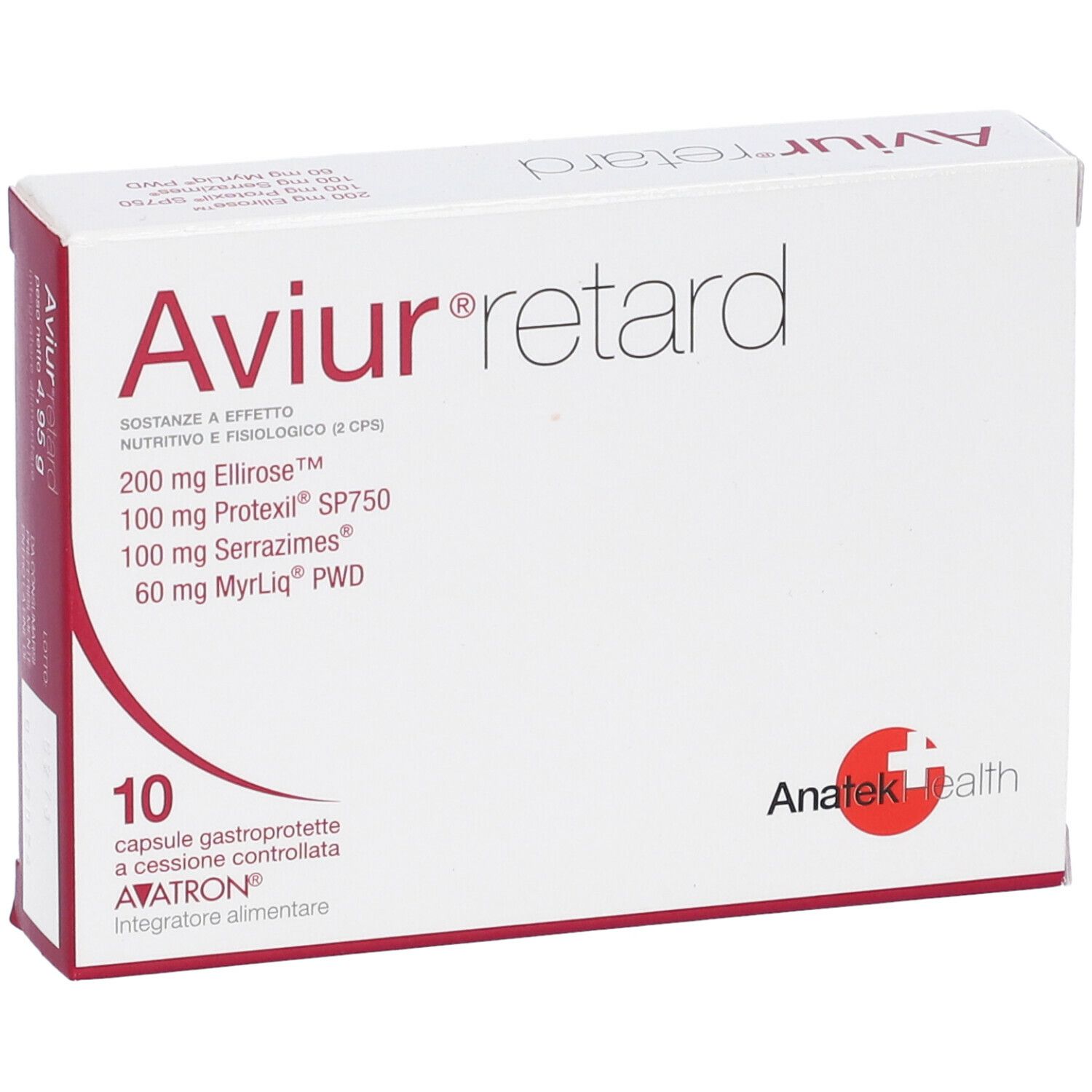 Scatola bianca con testo rosso. Scritto: Aviur retard, 10 capsule. Ingredienti. Marchio: Anatek health.