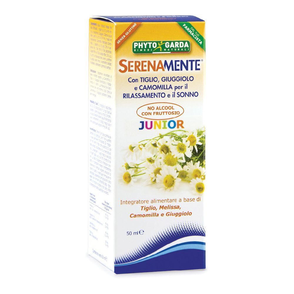 Scatola bianca con testo. Serenamente Junior, senza alcool, con tiglio e camomilla. Integratore per il sonno.