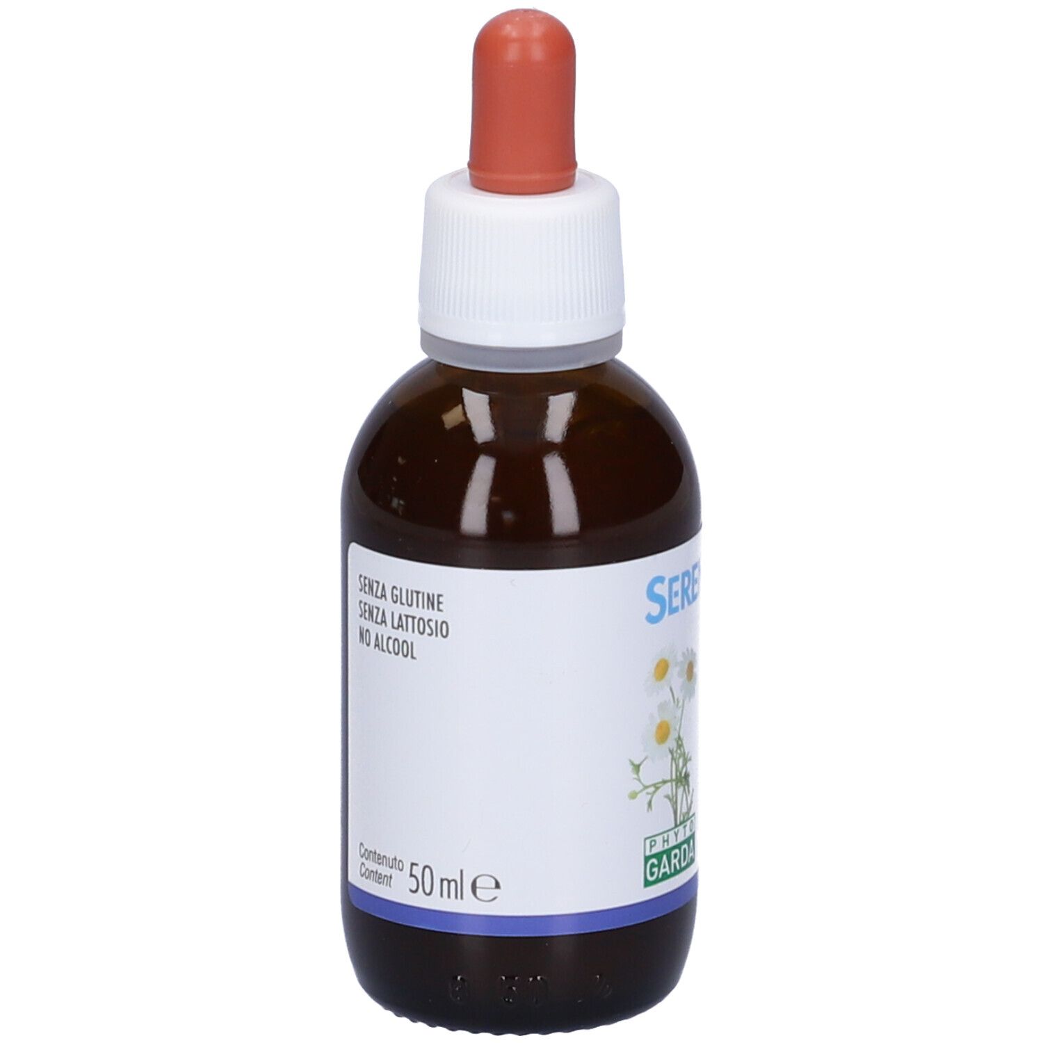 Flacone vetro marrone con contagocce. Serenamente Junior, senza glutine, senza lattosio, senza alcool. 50 ml.