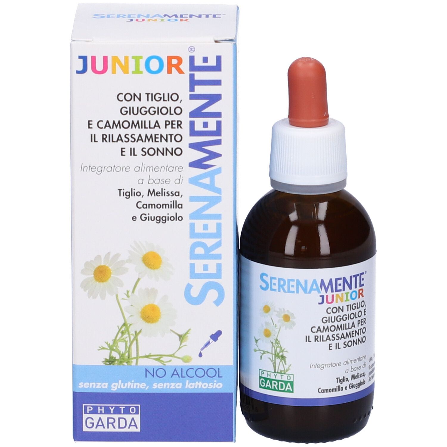 Flacone vetro marrone con contagocce e scatola. Serenamente Junior, con camomilla e tiglio. Senza alcool.