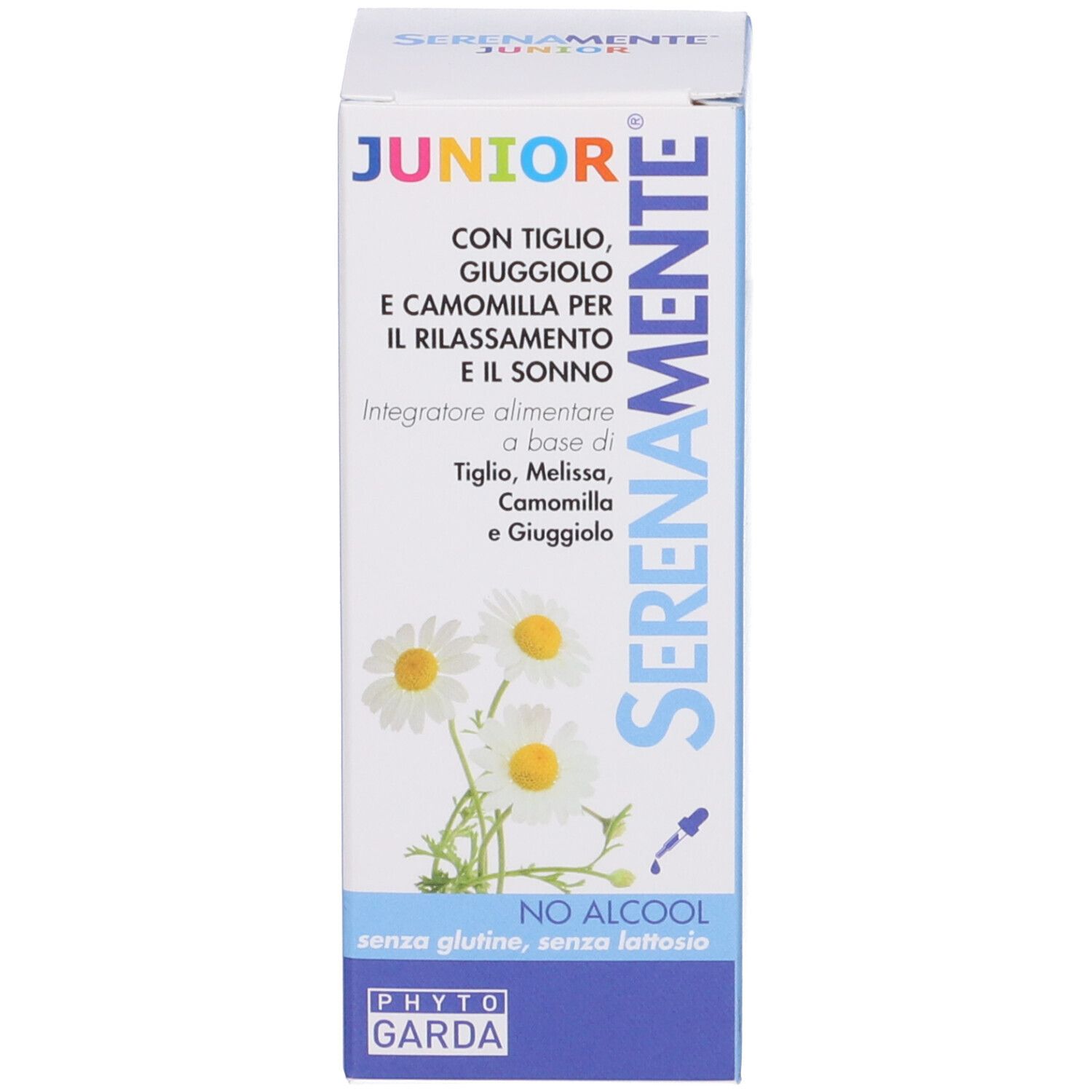 Scatola bianca con testo. Serenamente Junior, senza alcool, con tiglio e camomilla. Integratore per il sonno.