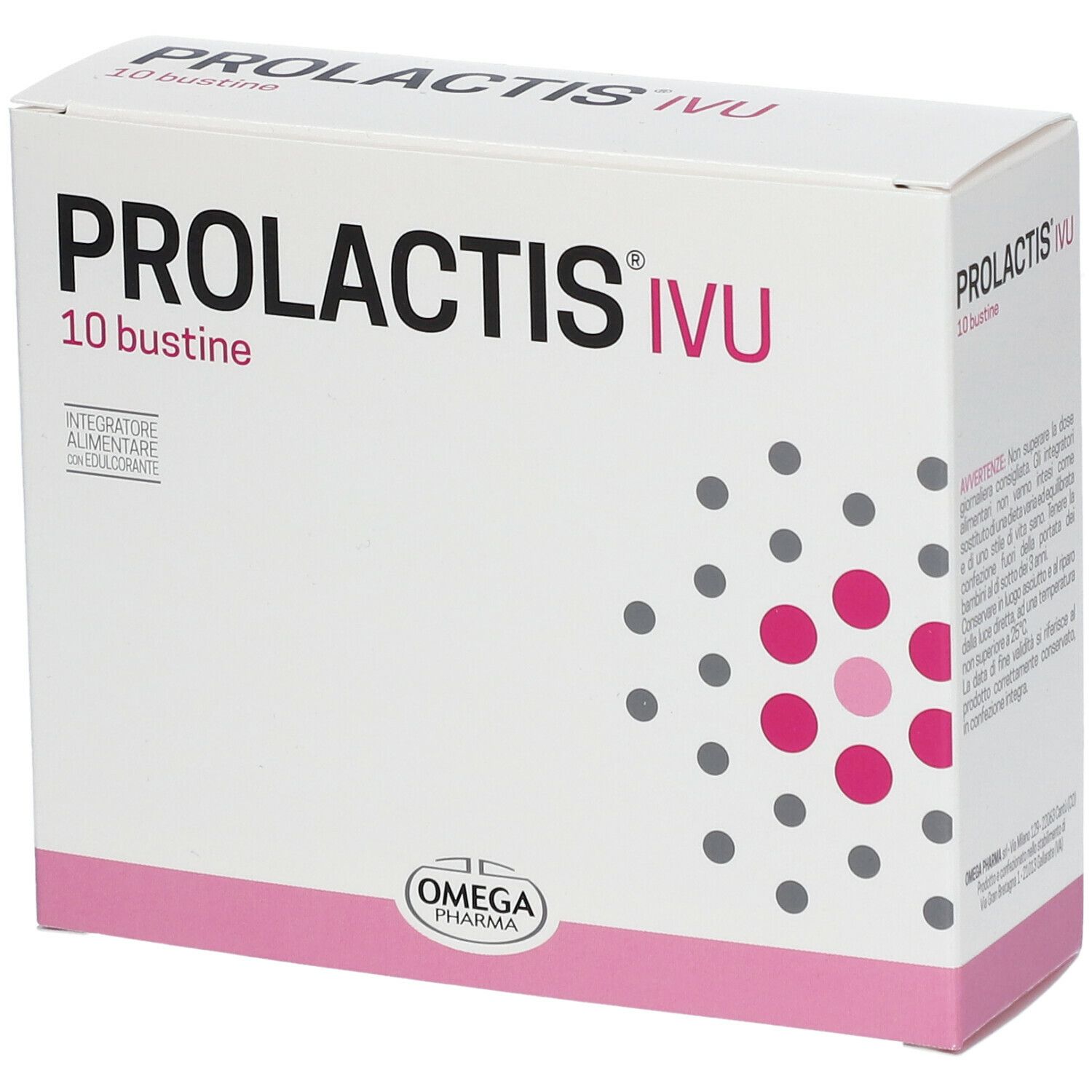 Scatola bianca "PROLACTIS IVU" e "10 bustine". Logo Omega Pharma in basso. Accenti rosa e punti grigi.