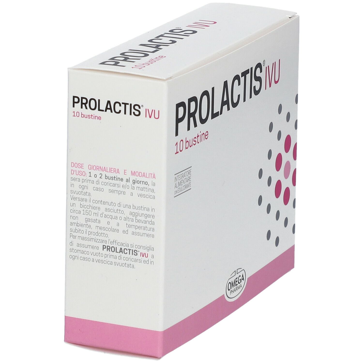 Scatola "PROLACTIS IVU" con "10 bustine". Testo e logo Omega Pharma. Accenti rosa e punti grigi su sfondo bianco.