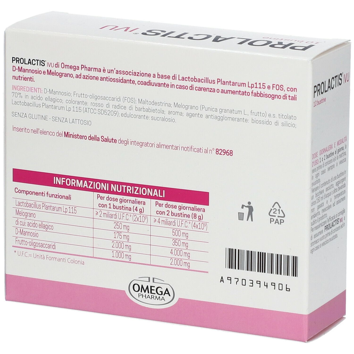 Retro della scatola "PROLACTIS IVU". Testo con ingredienti e informazioni nutrizionali. Logo Omega Pharma in basso.