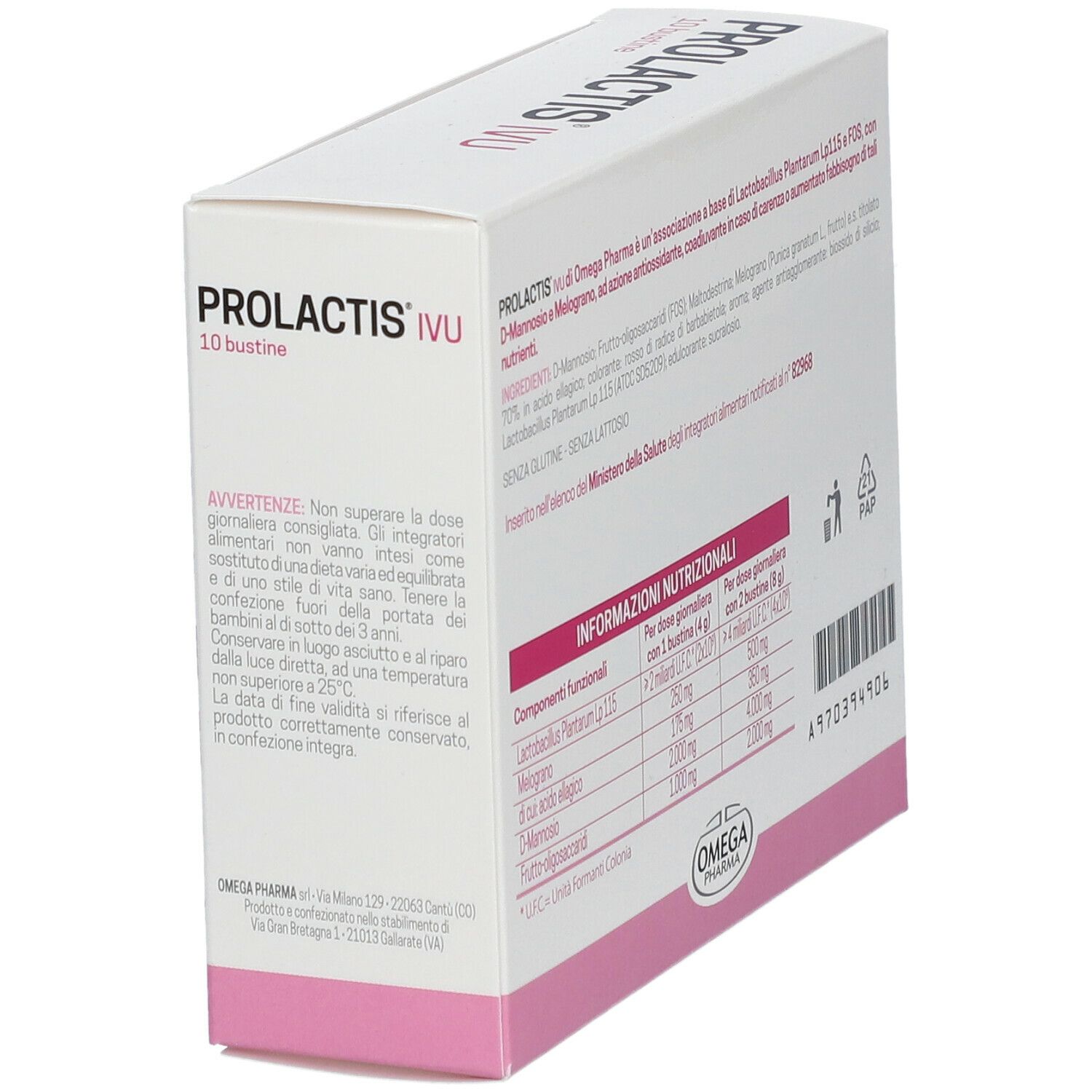 Retro della scatola "PROLACTIS IVU". Testo con avvertenze e informazioni nutrizionali. Logo Omega Pharma in basso.