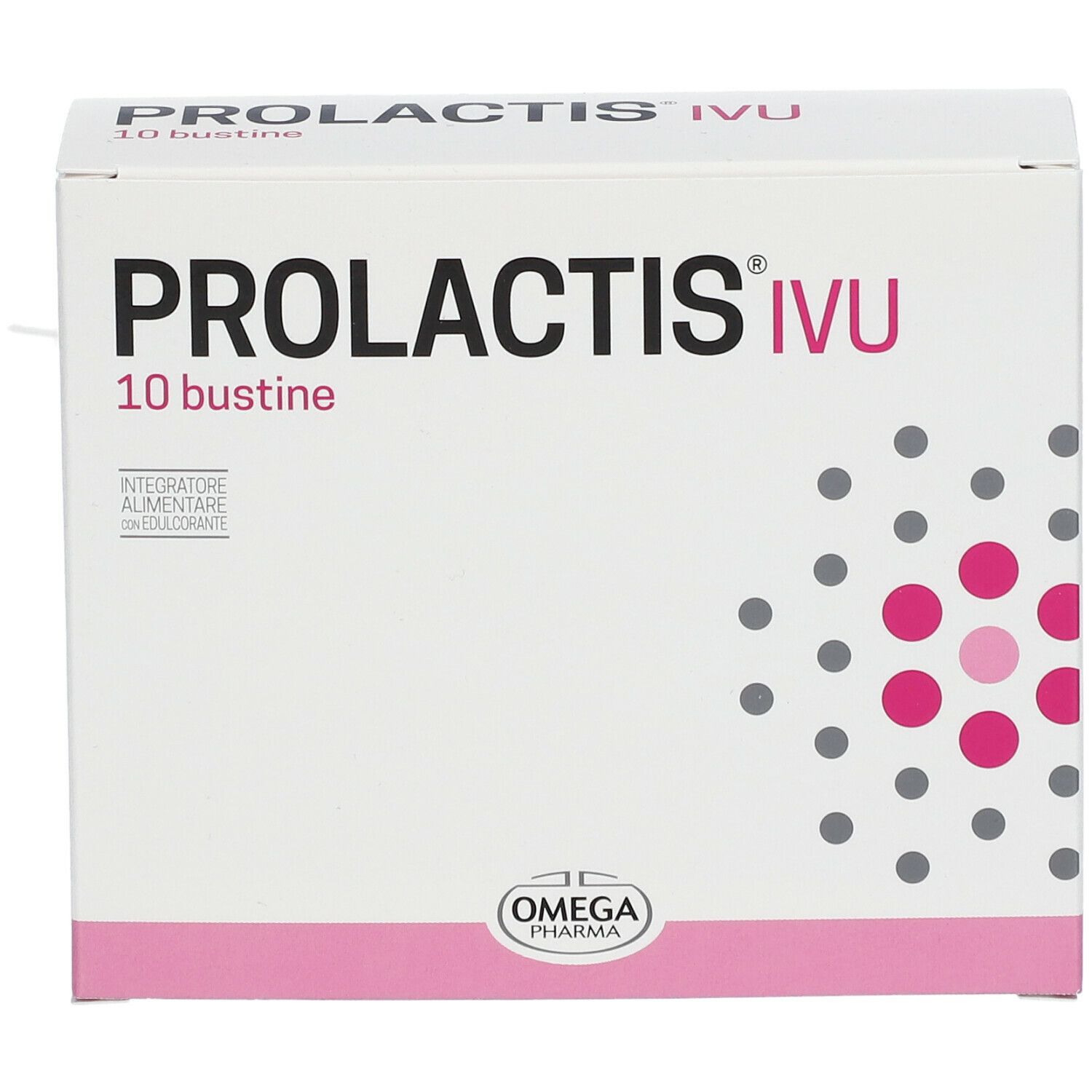 Scatola bianca "PROLACTIS IVU" con "10 bustine". Logo Omega Pharma in basso. Accenti rosa e punti grigi.