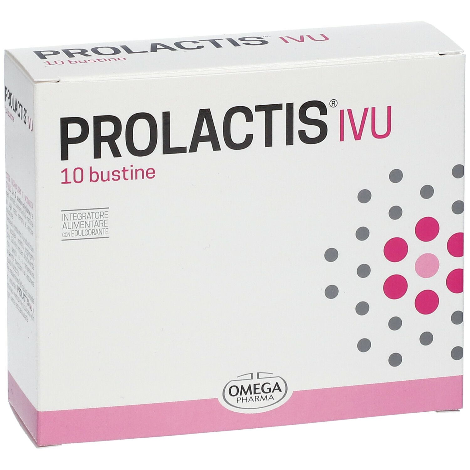 Scatola bianca "PROLACTIS IVU" con "10 bustine". Logo Omega Pharma in basso. Accenti rosa e punti grigi.