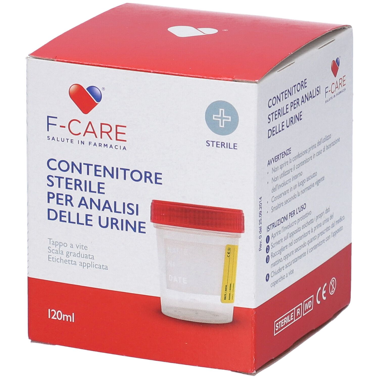 Confezione di contenitore sterile per analisi urine. Coperchio rosso, contenitore trasparente. Marchio F-CARE, 120ml.