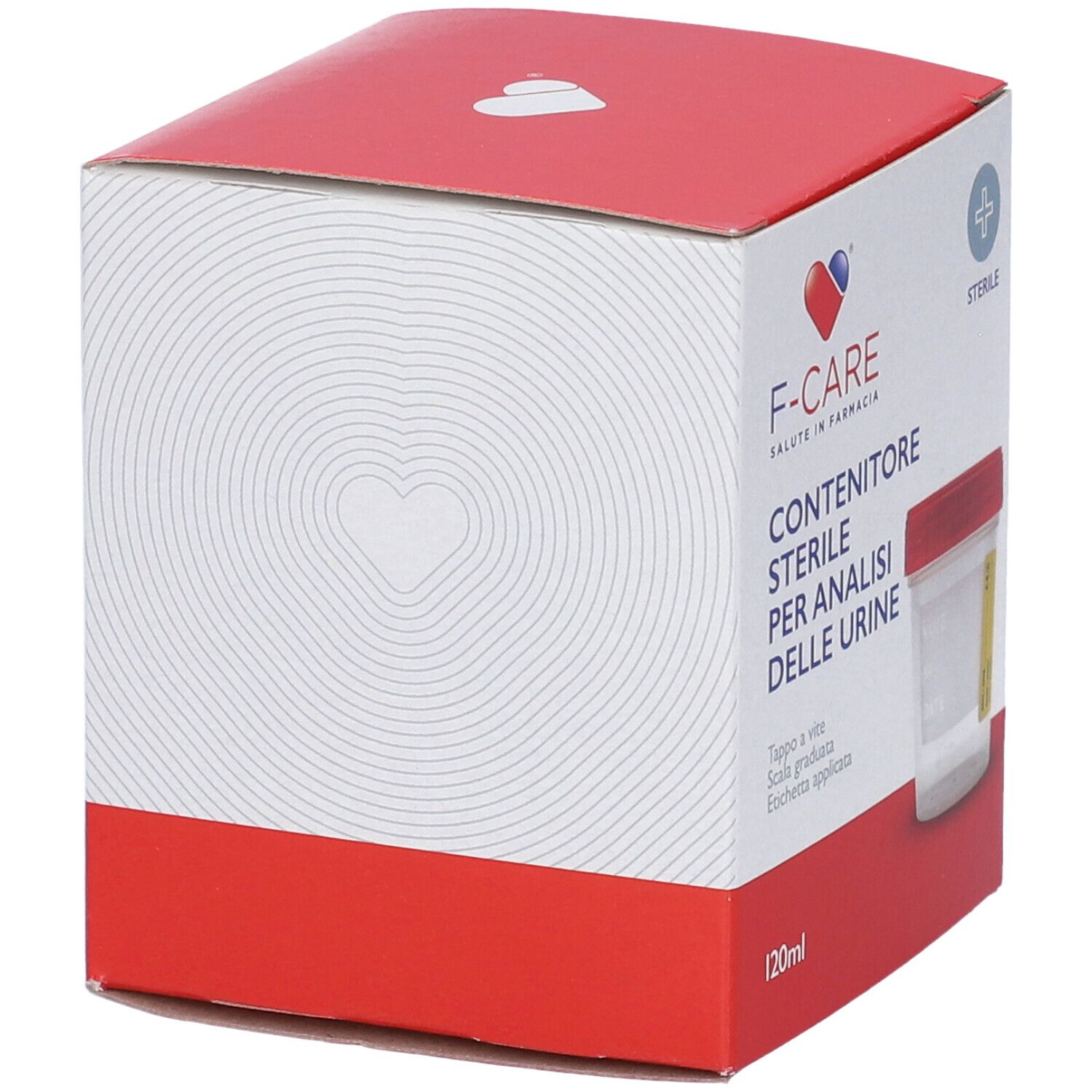 Confezione di contenitore sterile per analisi urine. Coperchio rosso, scatola bianca. Marchio F-CARE, 120ml.