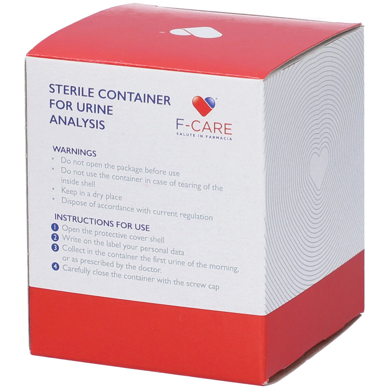 Confezione di contenitore sterile per analisi urine. Testo: Avvertenze e istruzioni per l'uso. Marchio F-CARE.