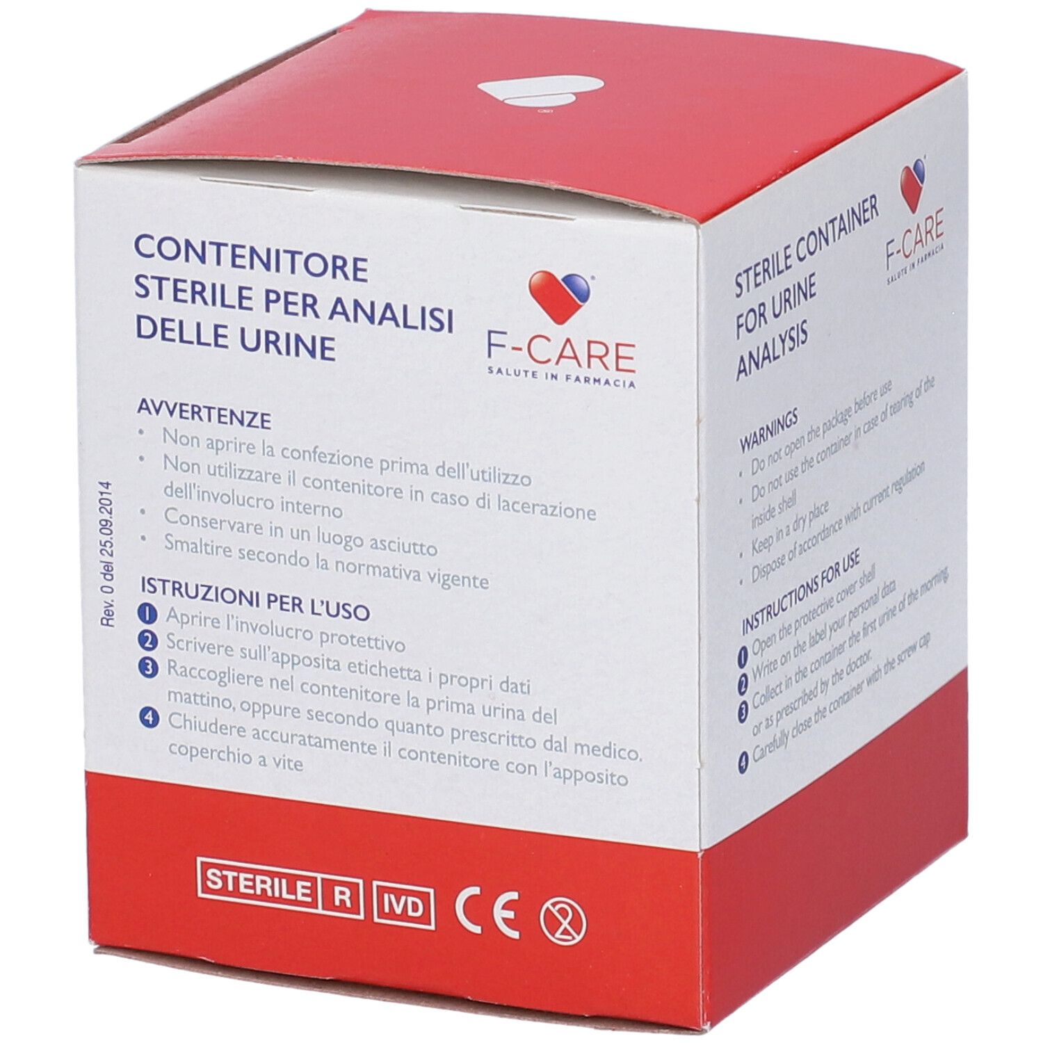 Confezione di contenitore sterile per analisi urine. Testo: Avvertenze e istruzioni per l'uso. Marchio F-CARE.