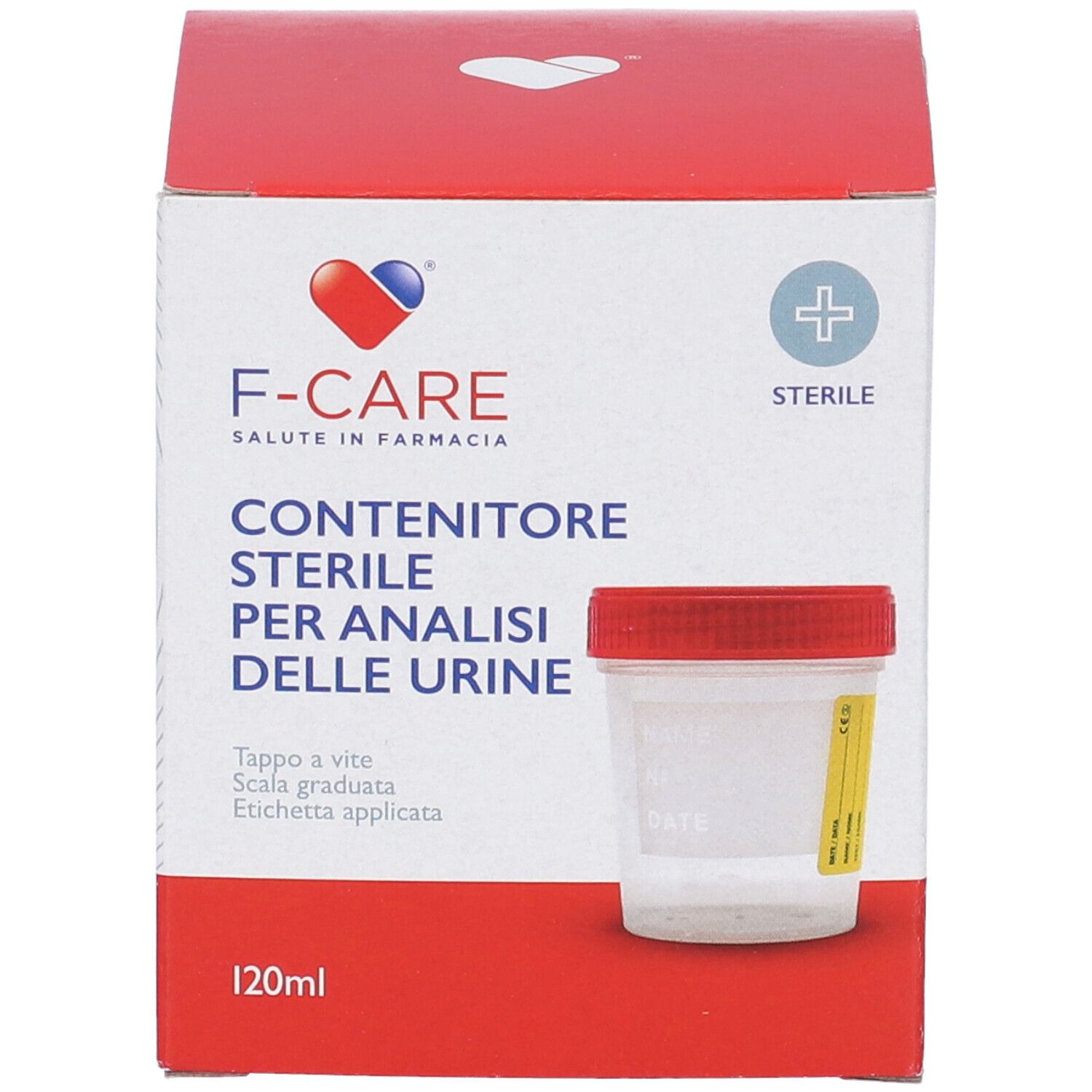 Confezione di contenitore sterile per analisi urine. Coperchio rosso, contenitore trasparente. Marchio F-CARE, 120ml.