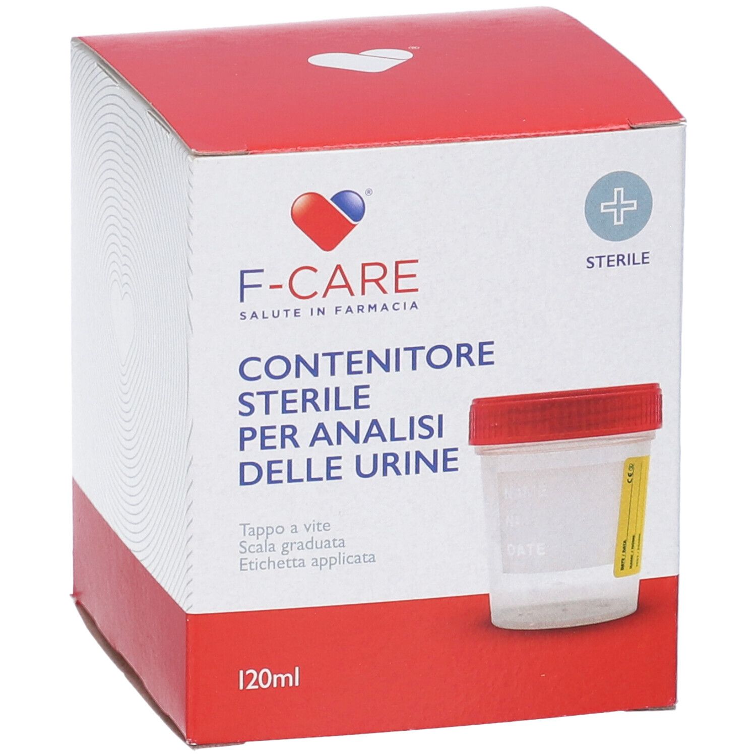 Confezione di contenitore sterile per analisi urine. Coperchio rosso, contenitore trasparente. Marchio F-CARE, 120ml.