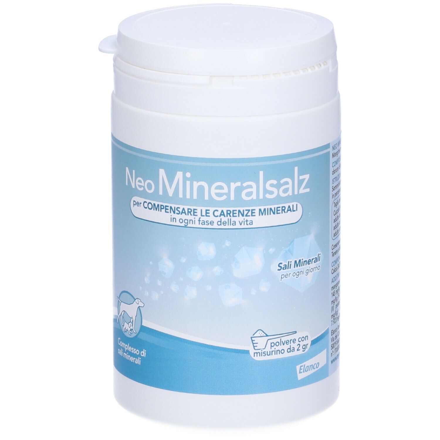 Barattolo bianco con etichetta Neo Mineralsalz. Testo: Compensare le carenze di minerali. Con misurino.
