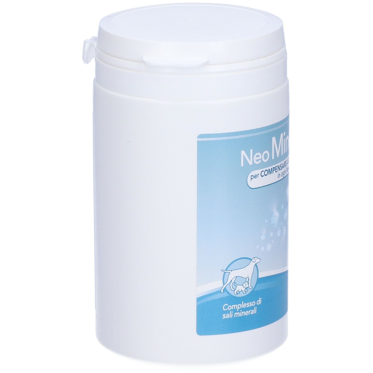 Barattolo bianco con etichetta Neo Mineralsalz. Testo: Compensare le carenze di minerali. Simbolo cane.