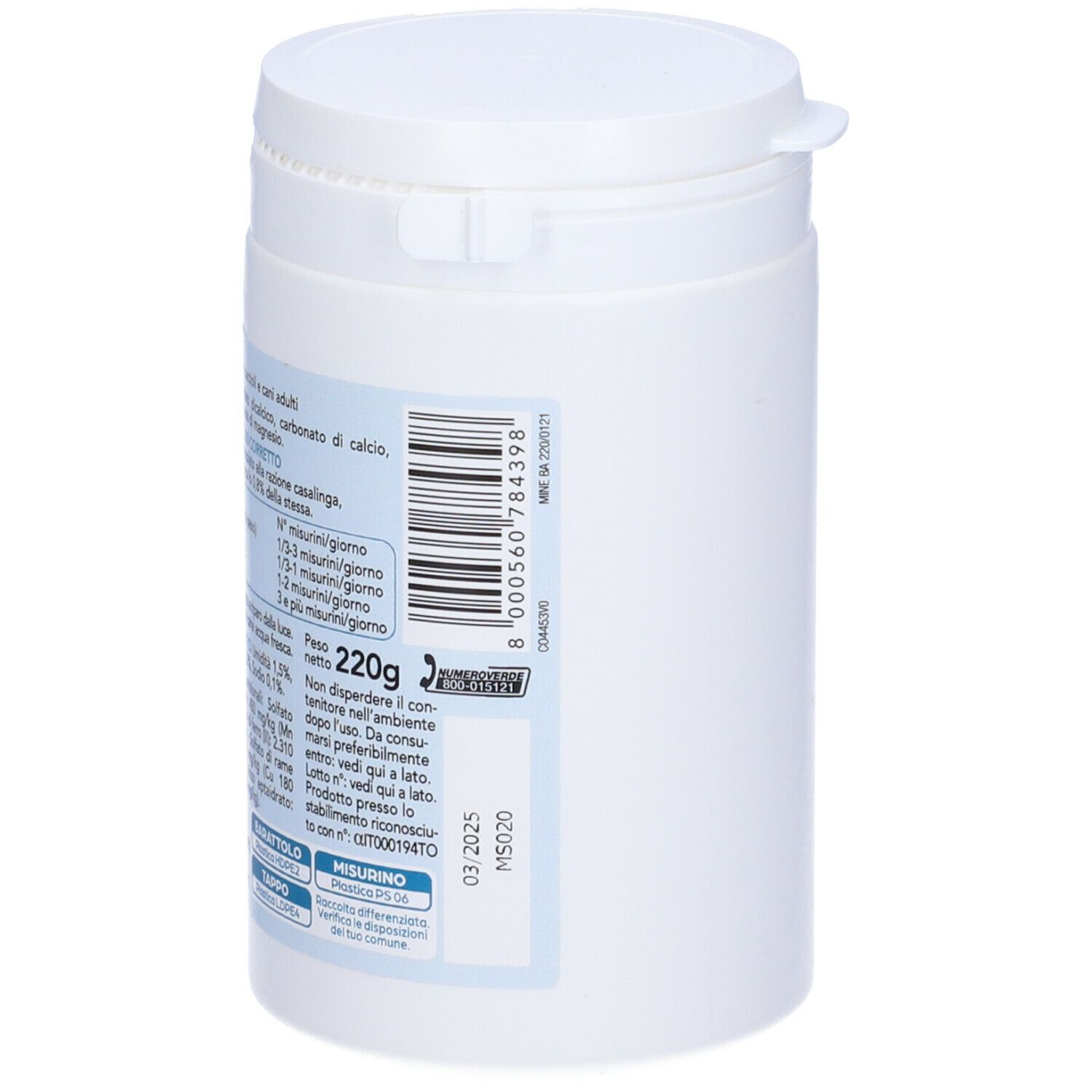 Barattolo bianco con etichetta Neo Mineralsalz. Retro con testo e codice a barre. Scadenza: 03 2025.