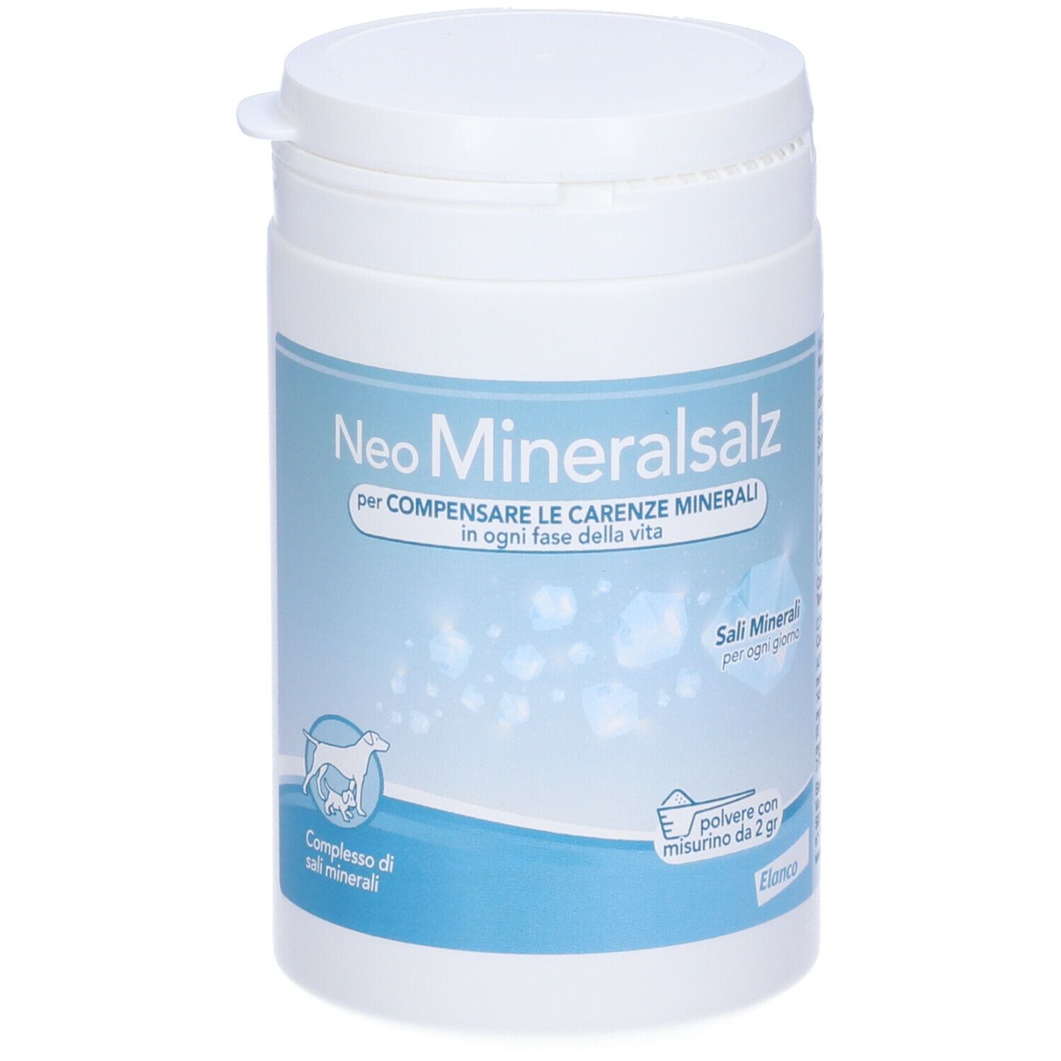 Barattolo bianco con etichetta Neo Mineralsalz. Testo: Compensare le carenze di minerali. Con misurino.