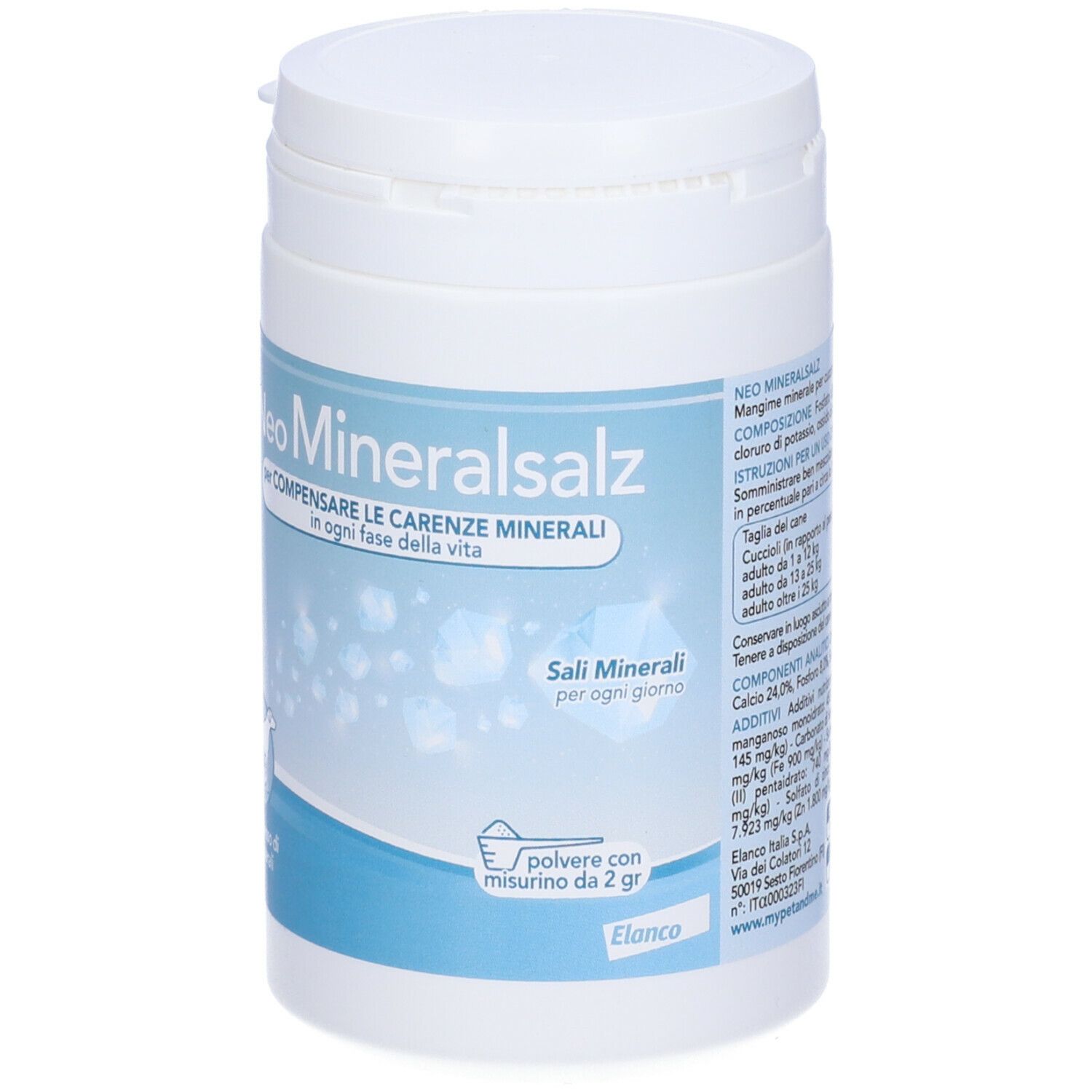 Barattolo bianco con etichetta Neo Mineralsalz. Testo: Compensare le carenze di minerali. Ingredienti e dosaggio.