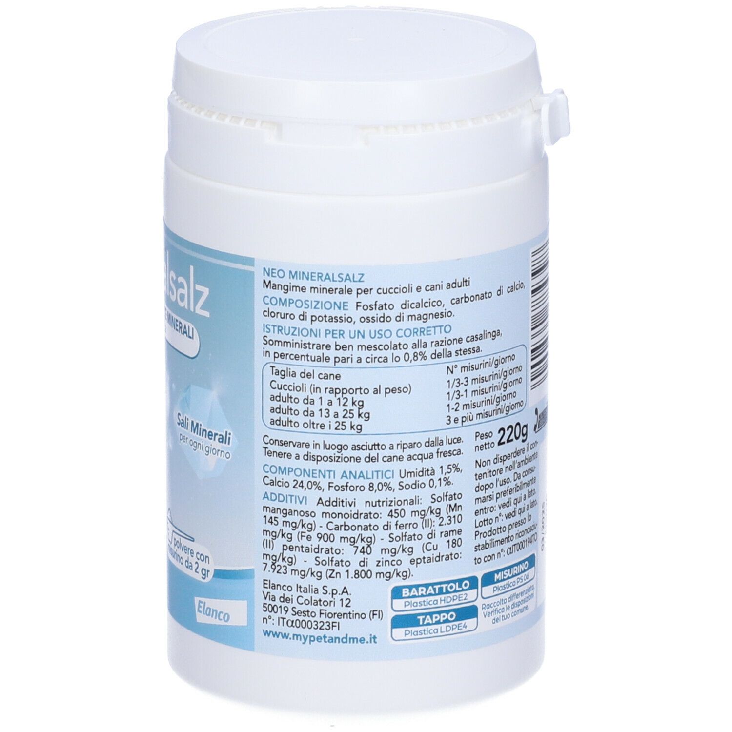 Barattolo bianco con etichetta Neo Mineralsalz. Testo: Compensare le carenze di minerali. Ingredienti, dosaggio, peso.