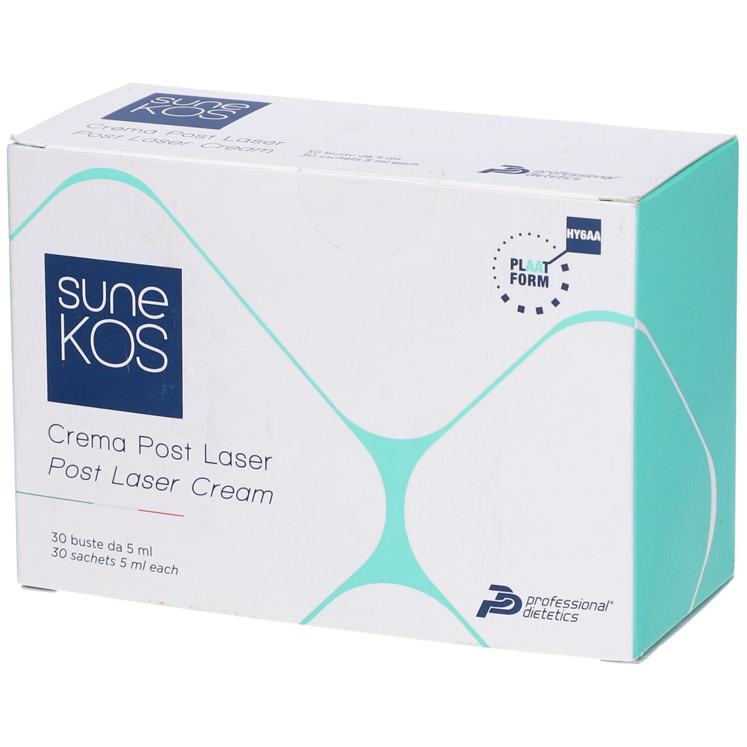 Scatola bianca con stampa del prodotto. Scritta: Sunekos, Crema Post Laser, 30 bustine. Logo.