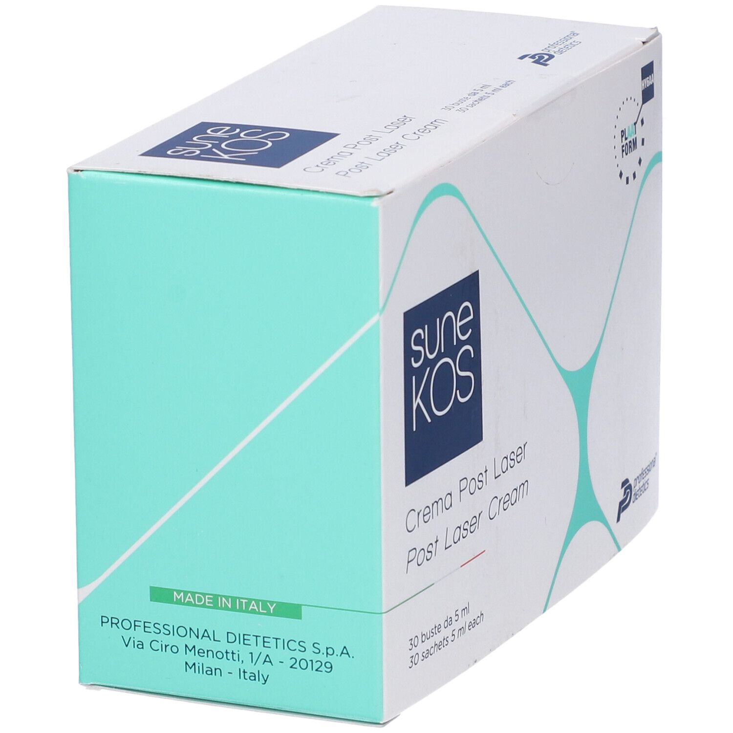 Scatola bianca con stampa del prodotto. Scritta: Sunekos, Crema Post Laser, 30 bustine. Logo.