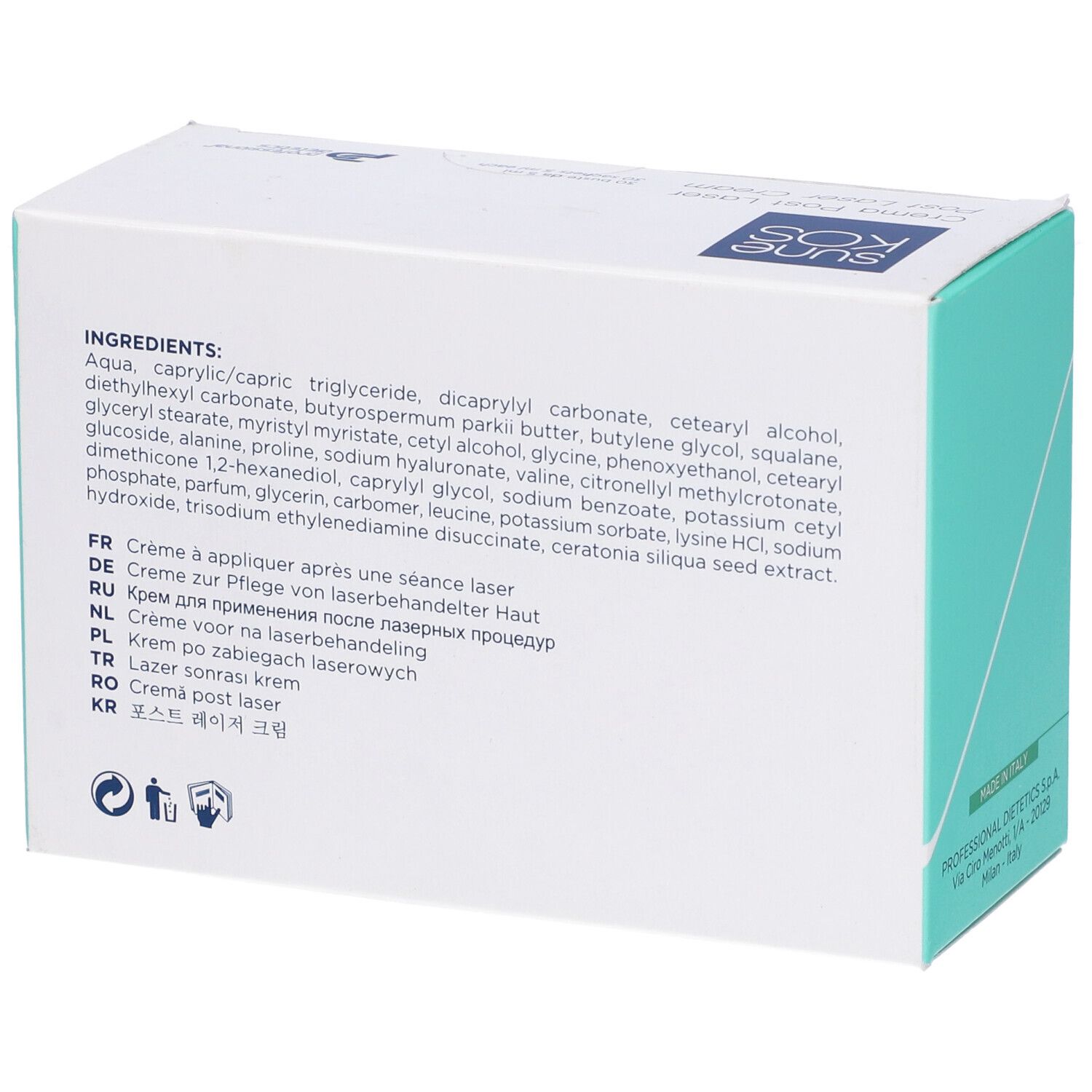 Scatola bianca con stampa del prodotto. Scritta: Sunekos, Crema Post Laser, 30 bustine. Logo.