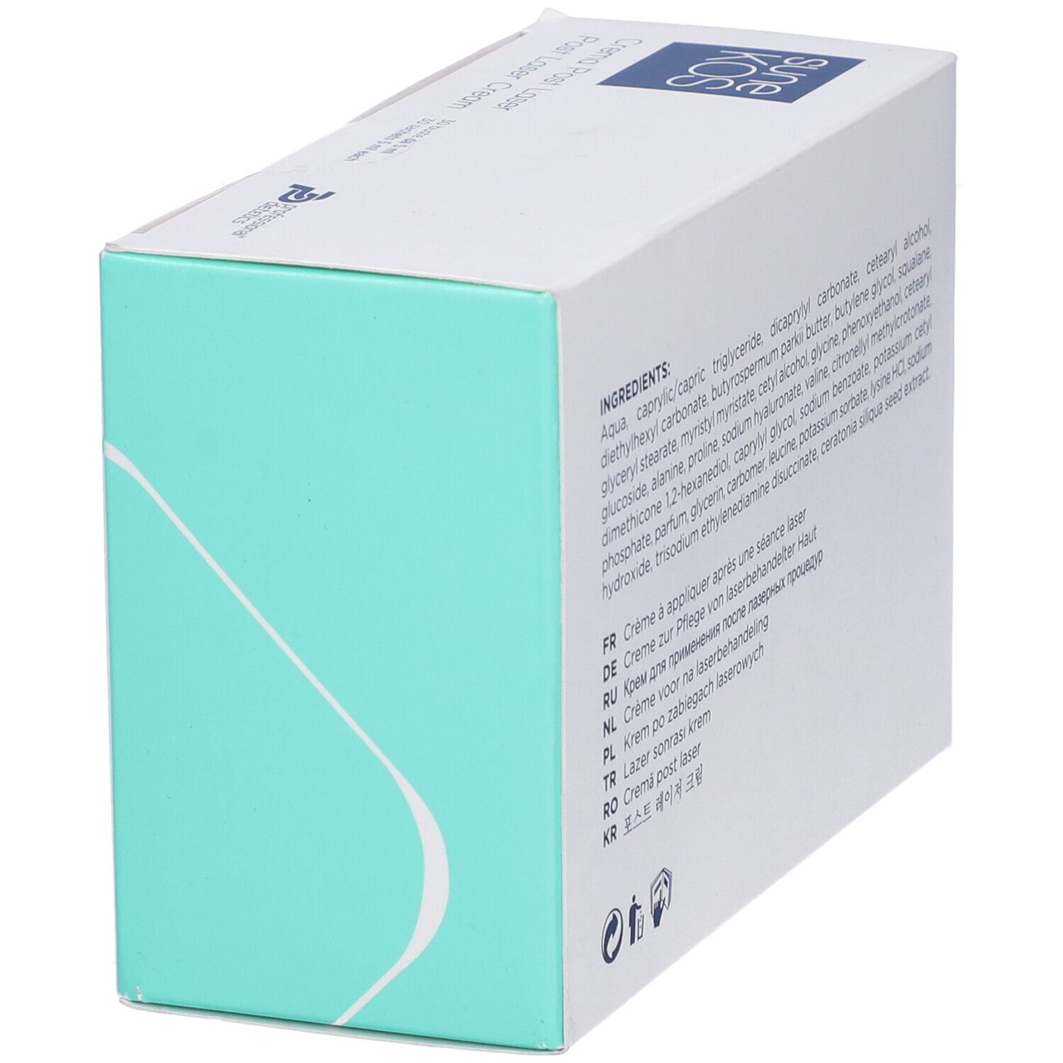 Scatola bianca con stampa del prodotto. Scritta: Sunekos, Crema Post Laser, 30 bustine. Logo.