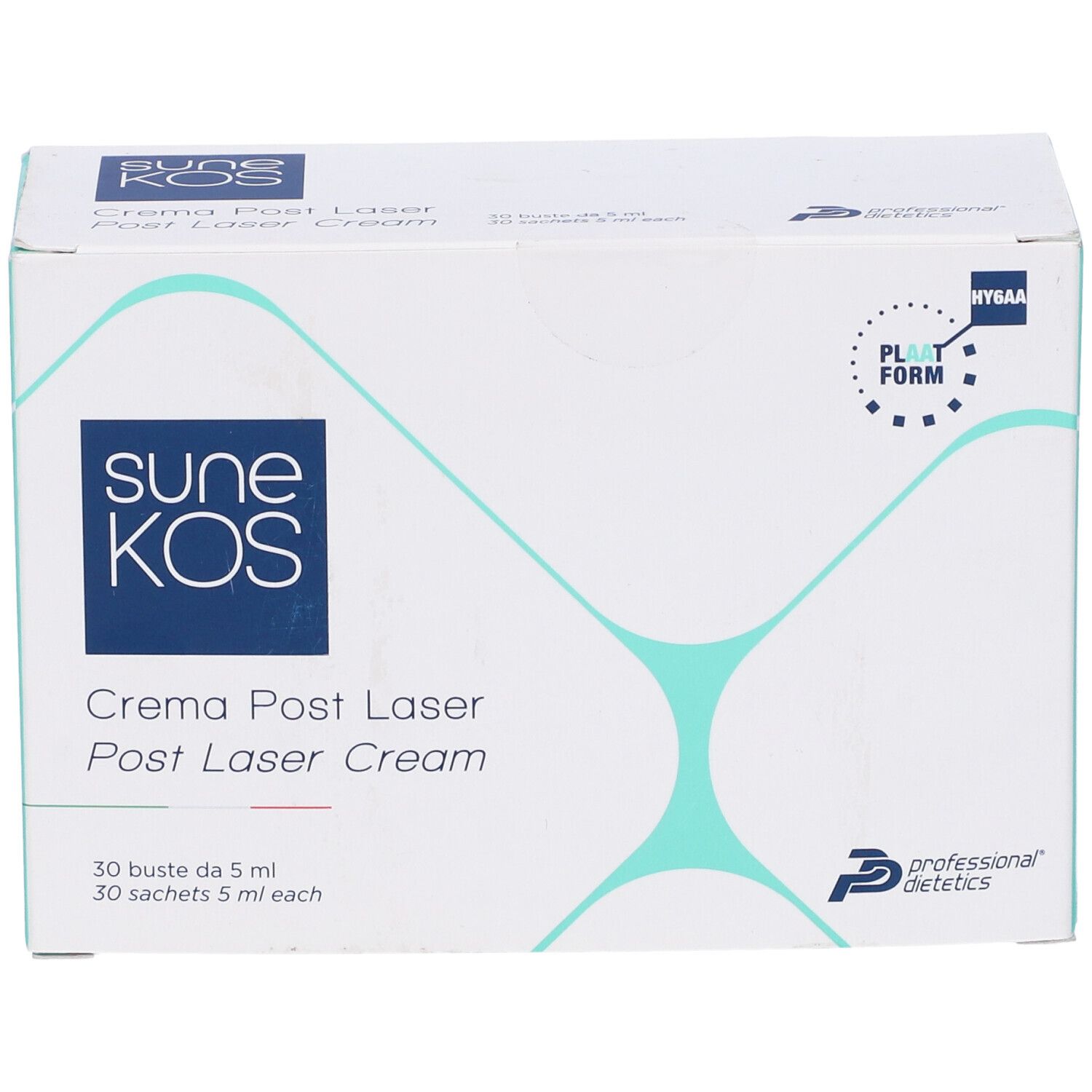 Scatola bianca con stampa del prodotto. Scritta: Sunekos, Crema Post Laser, 30 bustine. Logo.