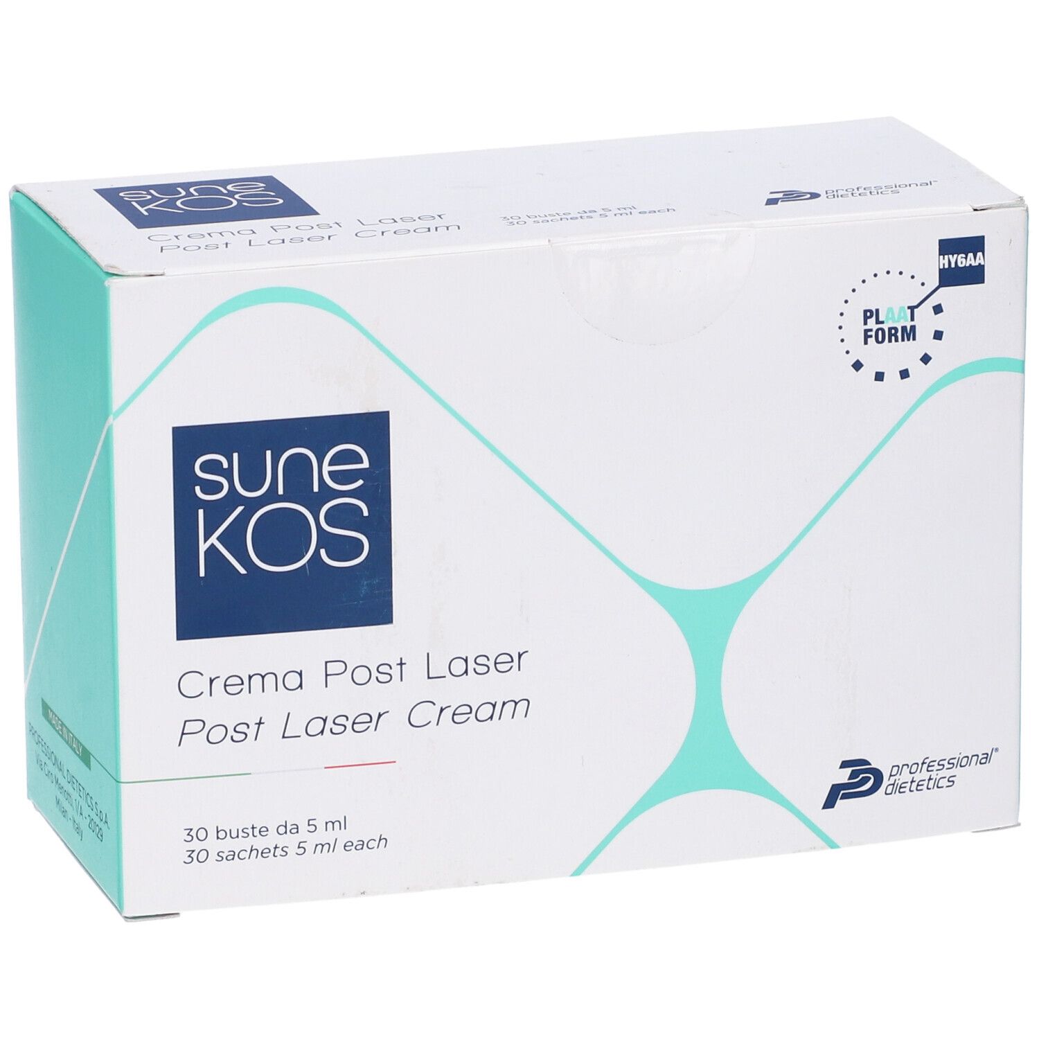 Scatola bianca con stampa del prodotto. Scritta: Sunekos, Crema Post Laser, 30 bustine. Logo.
