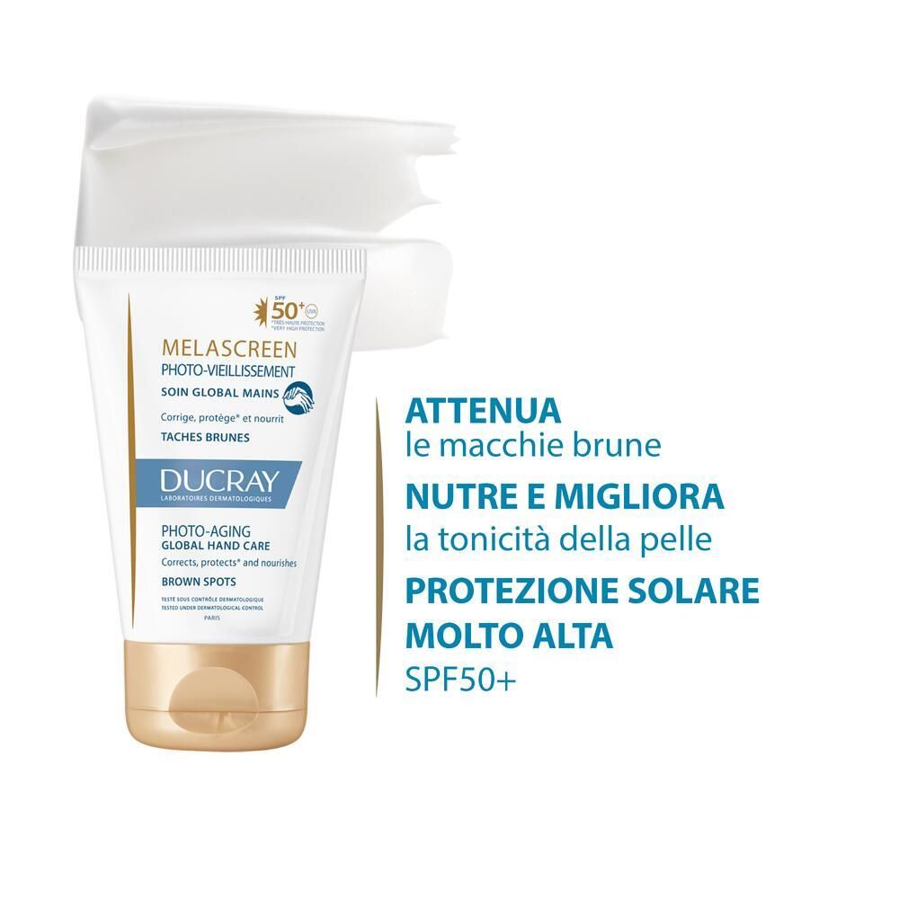 Crema che esce dal tubo. Testo: Attenua le macchie brune, Nutre e migliora la tonicità della pelle, protezione solare molto alta.