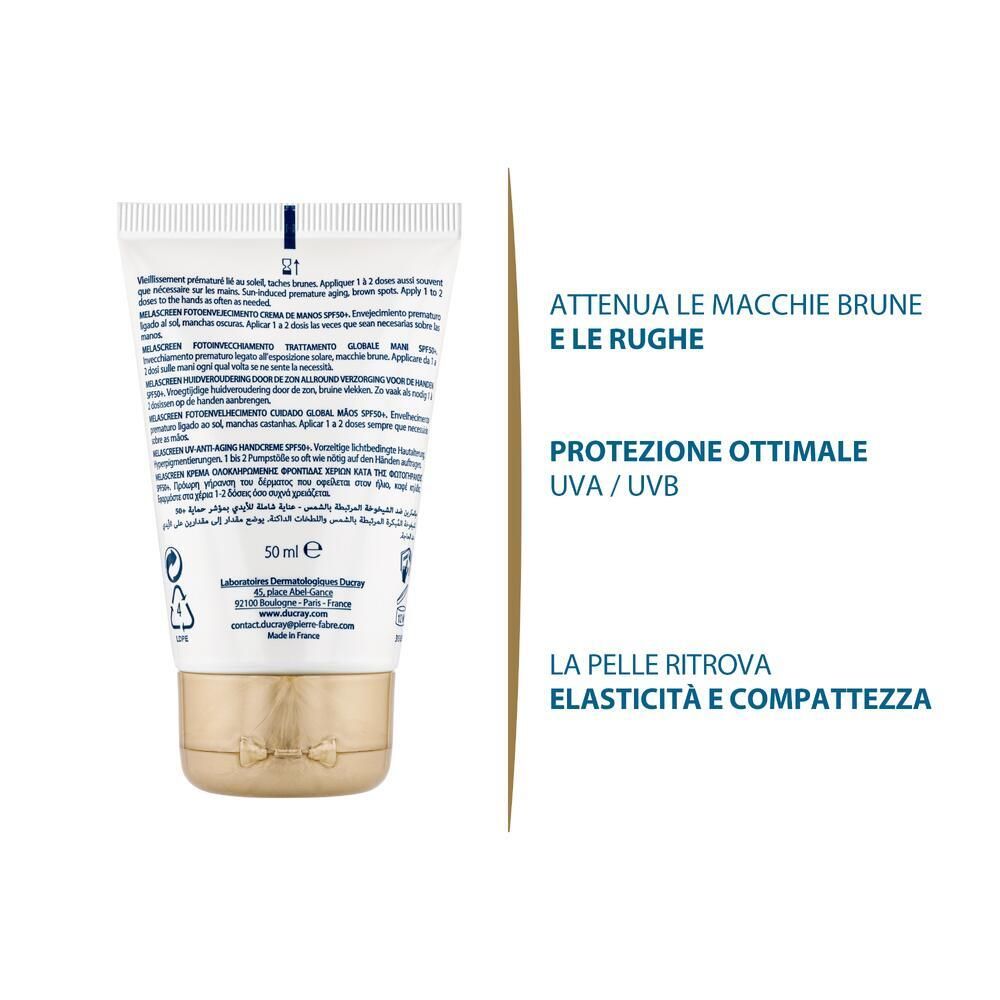 Retro del tubo. Testo: Attenua le macchie brune e le rughe, Protezione ottimale UVA/UVB, La pelle ritrova elasticità e compattezza.