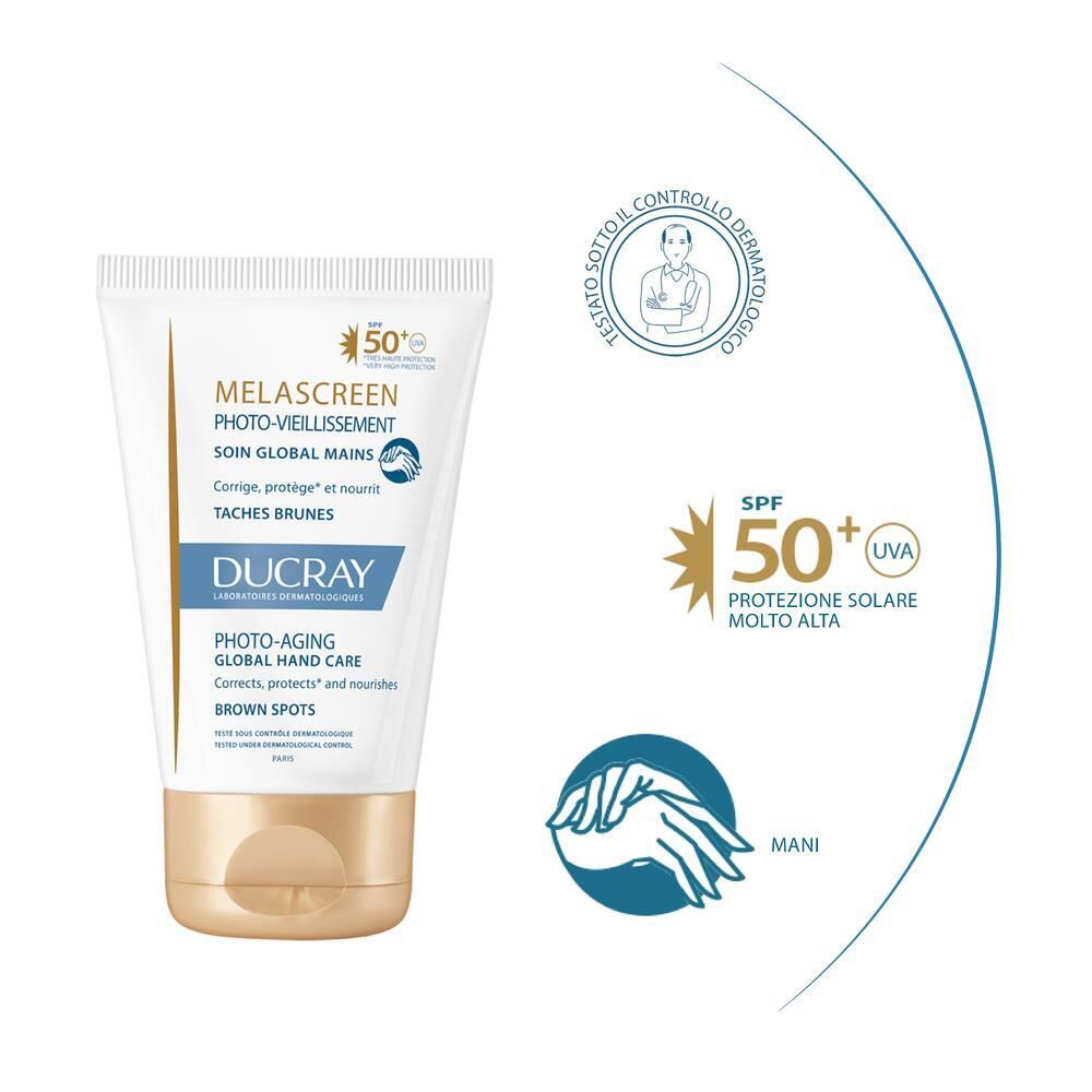 Tubo crema Melascreen Foto-Vieillissement Mani. Logo, SPF 50+ (UVA).