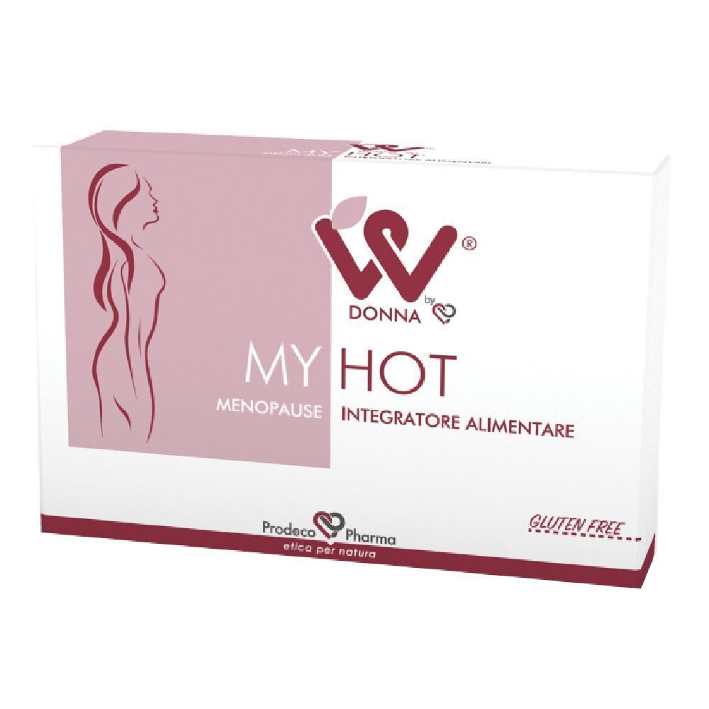 Scatola con logo prodotto, scritta MY HOT, Menopausa, Integratore Alimentare. Senza glutine. Colori rosa e bianco.